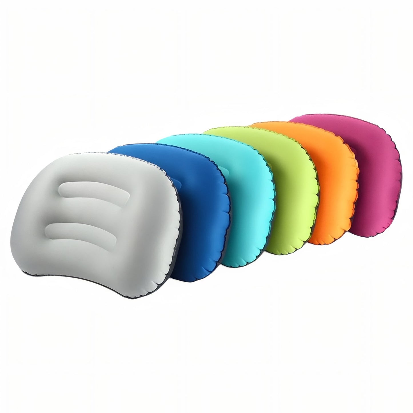 Coussin Gonflable Ultra Léger sept coussins alignés - Bleu - Gris Clair et Noir - Vert Clair - Rose - Orange et Noir - Turquoise et Noir