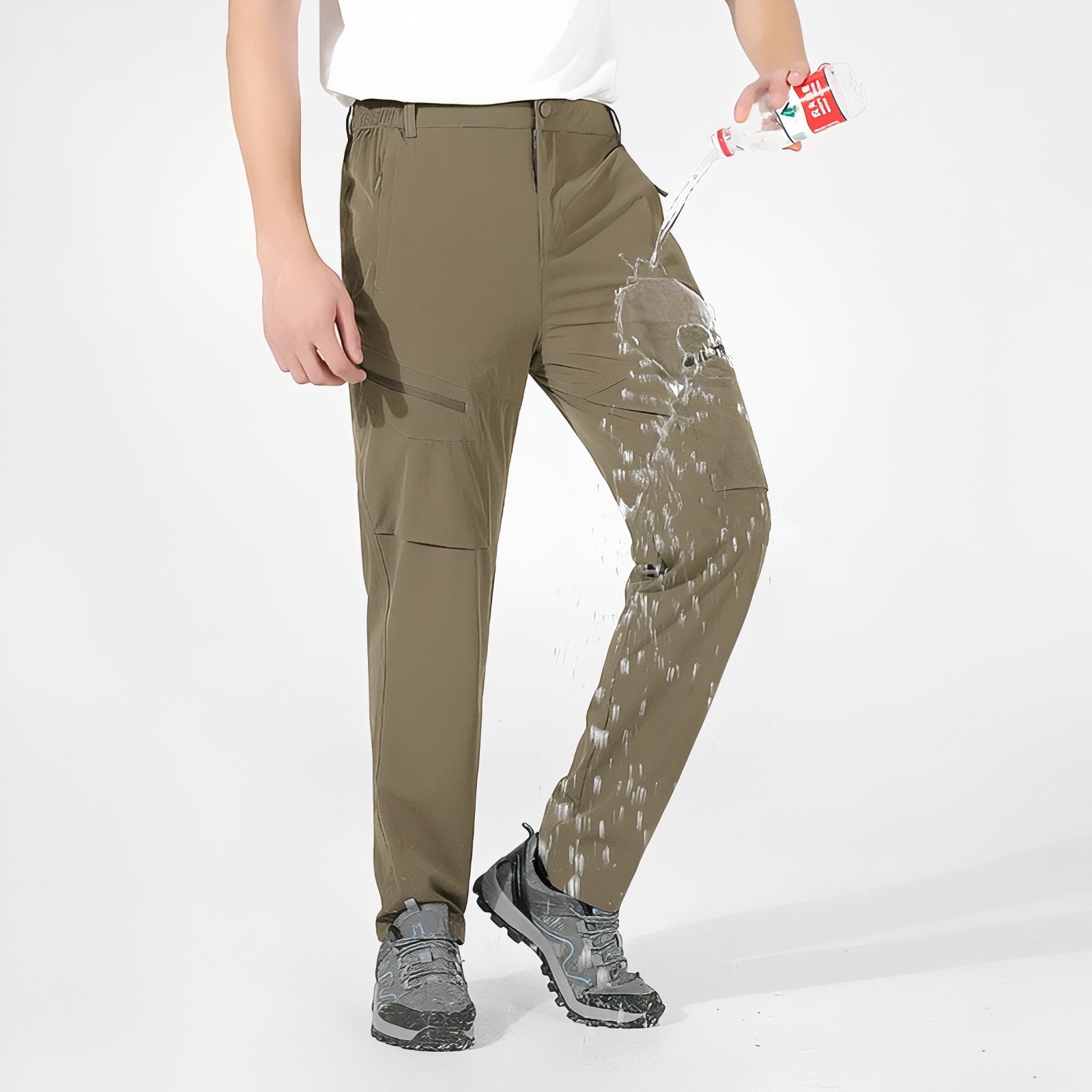 Pantalon Homme Randonnée Été mise en situation avec eau - Olive - Beige Clair - Noir - Gris Clair
