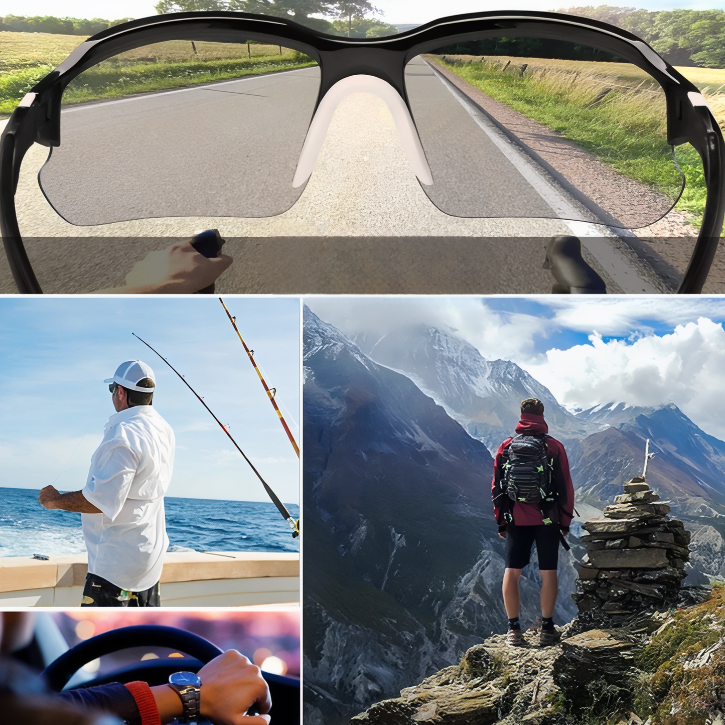 Lunette Randonnée Polarisée vue à travers les lunettes - Noir et Argent - Jaune et Noir - Vert Foncé - Noir et Rouge - Vert Émeraude et Noir - Orange et Noir - Noir - Bleu Ciel et Noir