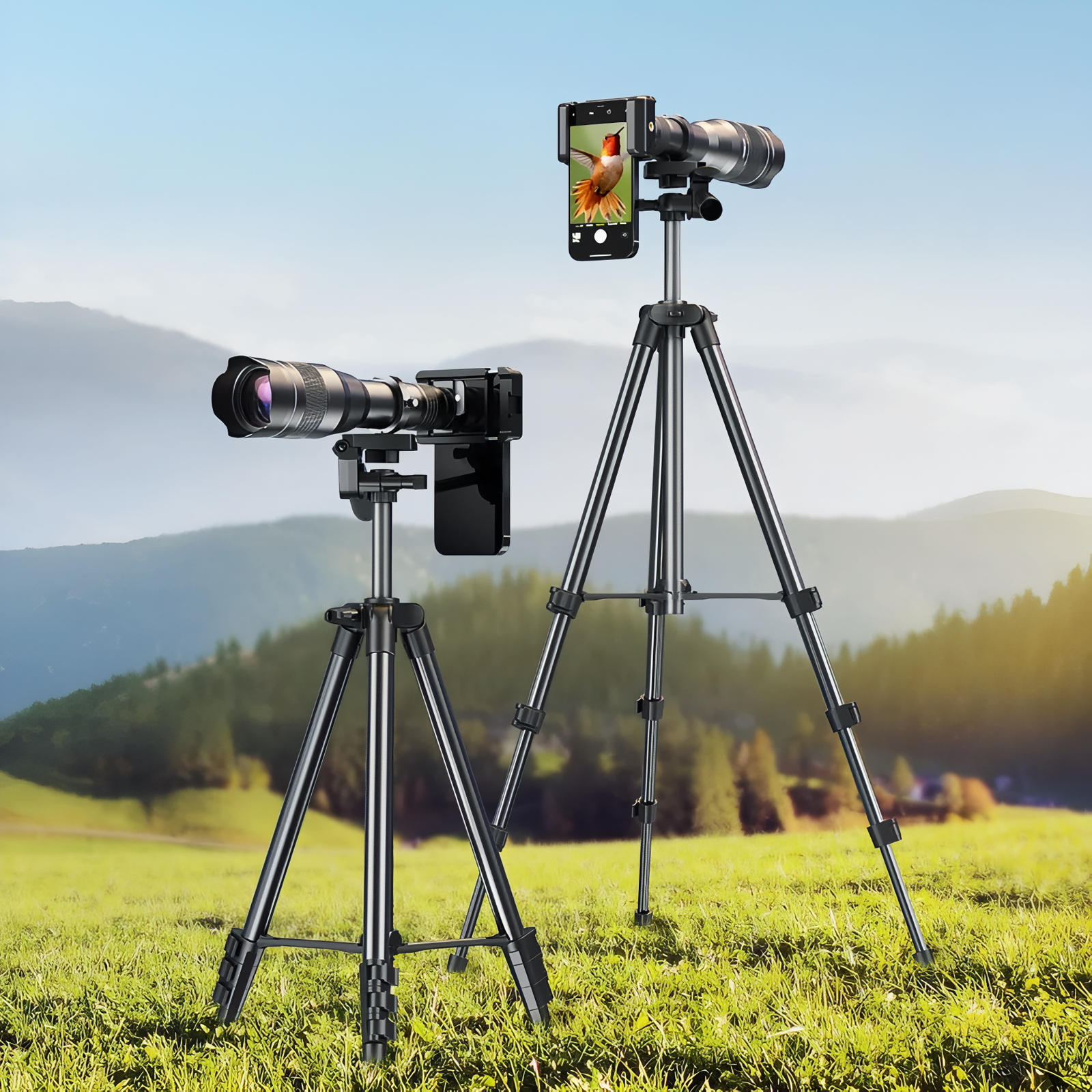 Téléobjectif Pour Smartphone 60X mise en situation extérieure - Téléobjectif 60x Seul - 60x avec Trépied - 60x avec Trépied et Commande à Distance