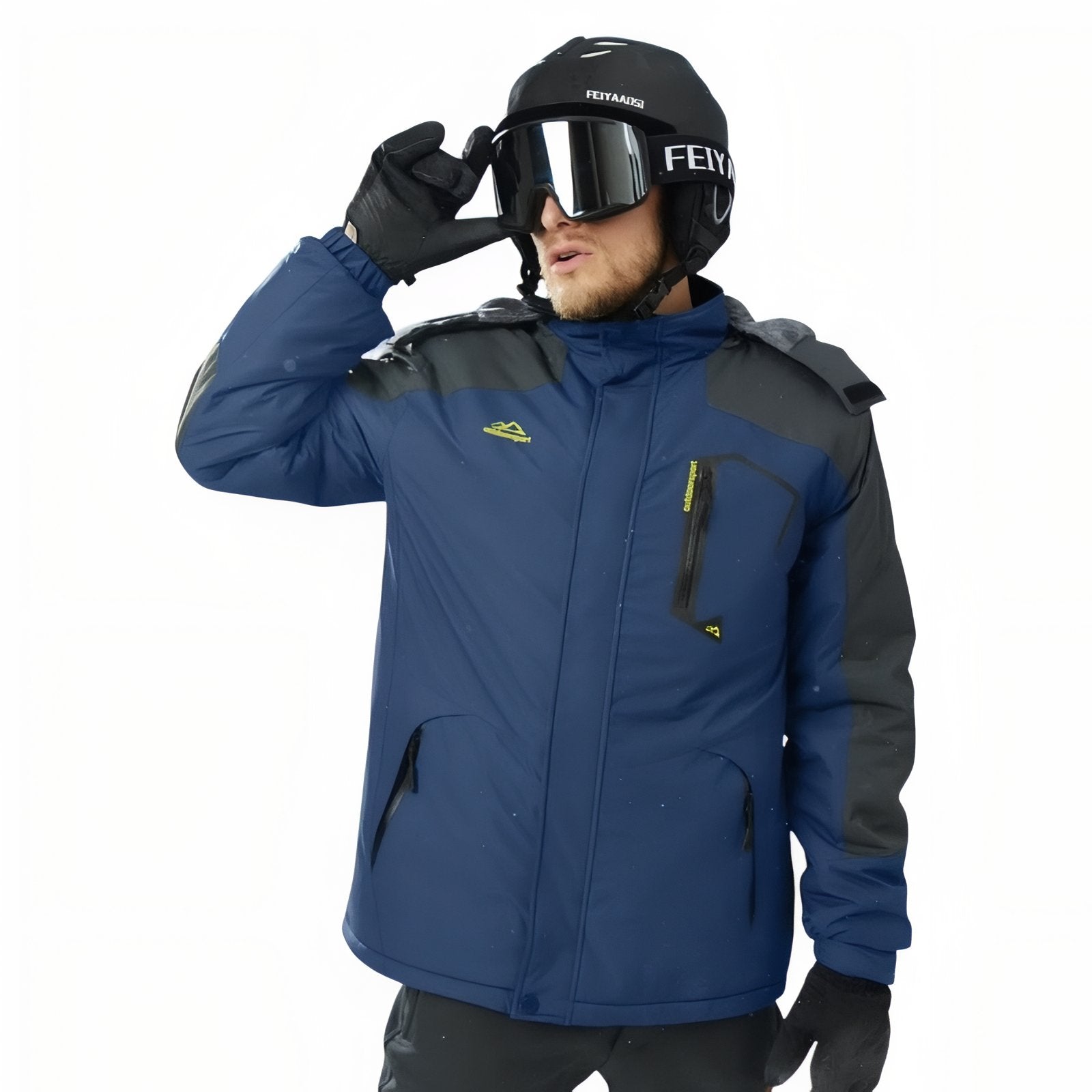 Veste Chaude Randonnée Homme portée avec casque - Vert Fluo - Blanc - Bleu Marine - Rouge - Gris Anthracite - Bleu - Marron - Gris Clair - Noir - Noir et Gris - Beige - Vert Olive - Jaune - Vert Foncé