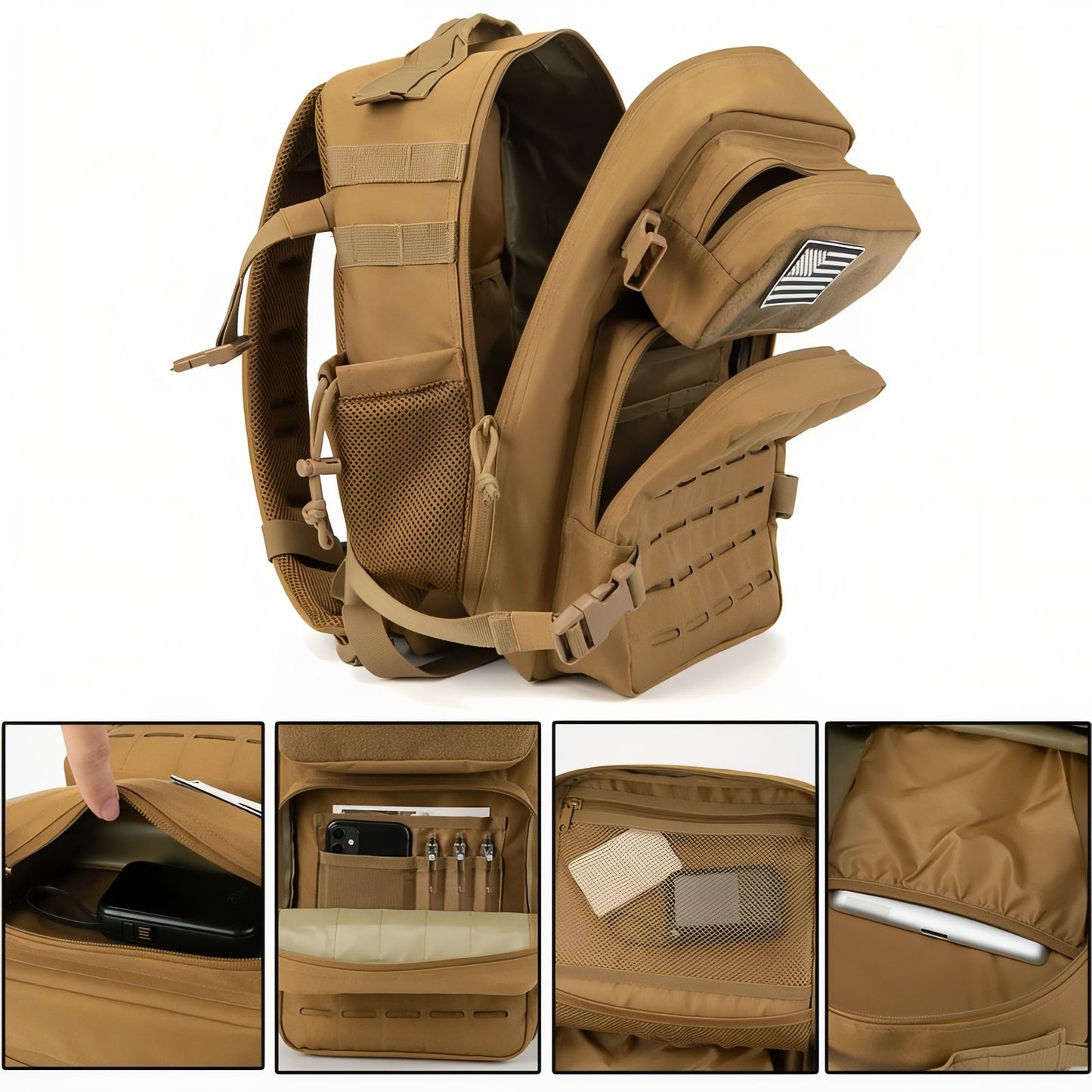 Sac à Dos Militaire Sable 25L compartiment ouvert - Marron Foncé