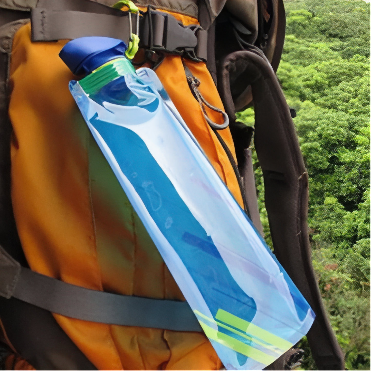Gourde Pliante 700ml portée sur un sac - Bleu Ciel - Noir - Blanc