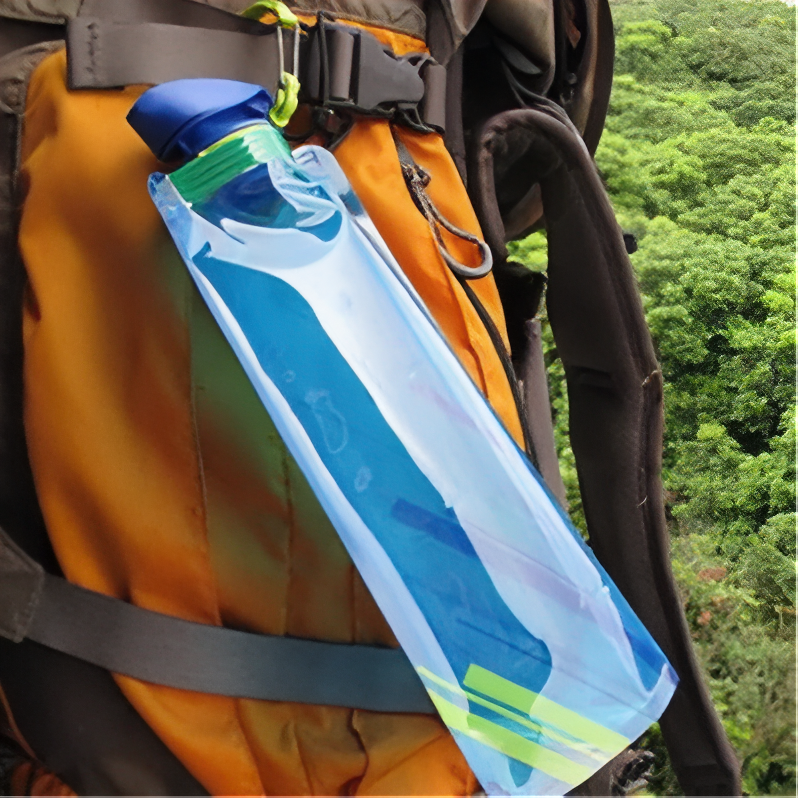 Gourde Pliante 700ml portée sur un sac - Bleu Ciel - Noir - Blanc