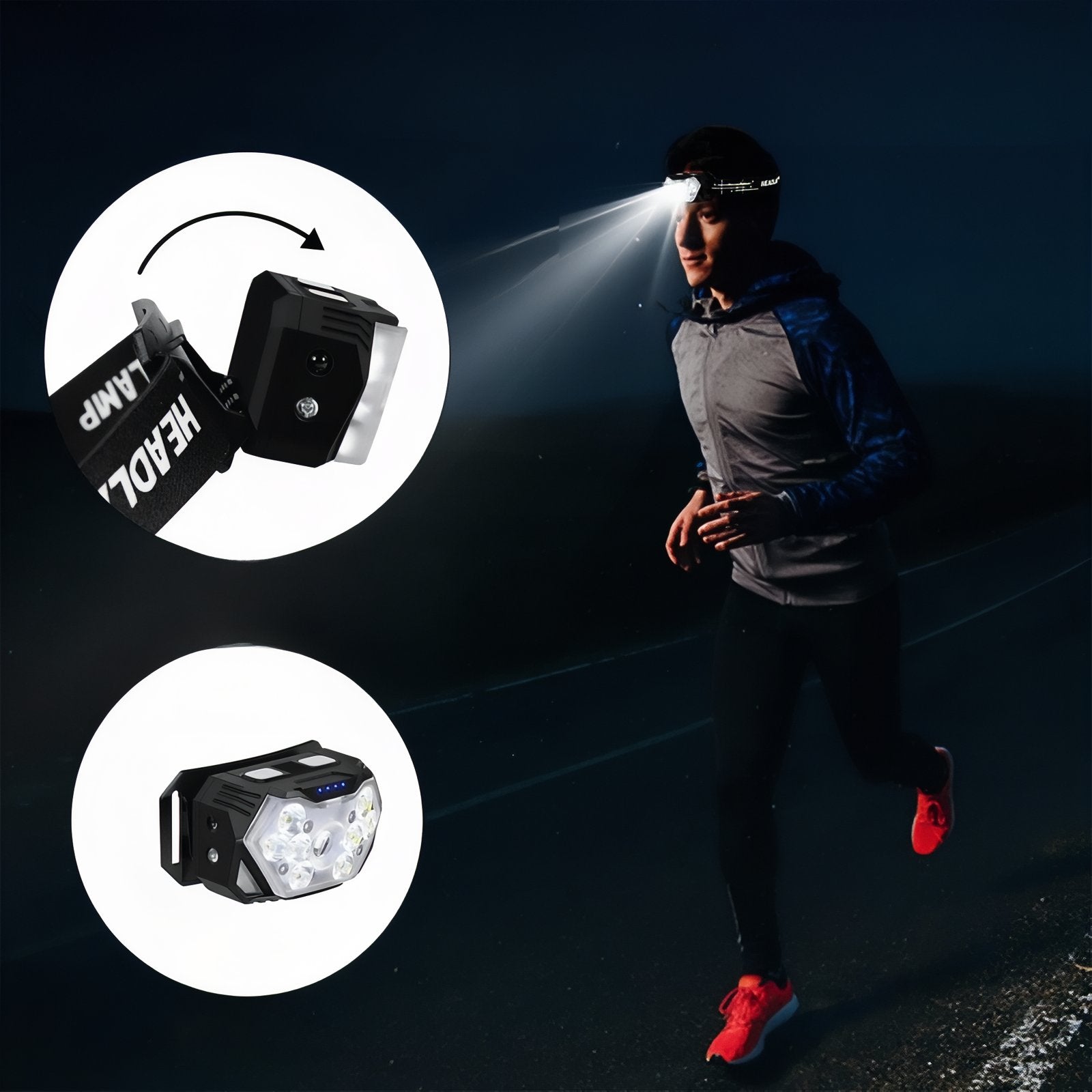 Lampe Frontale LED Puissante portée en action - Noir