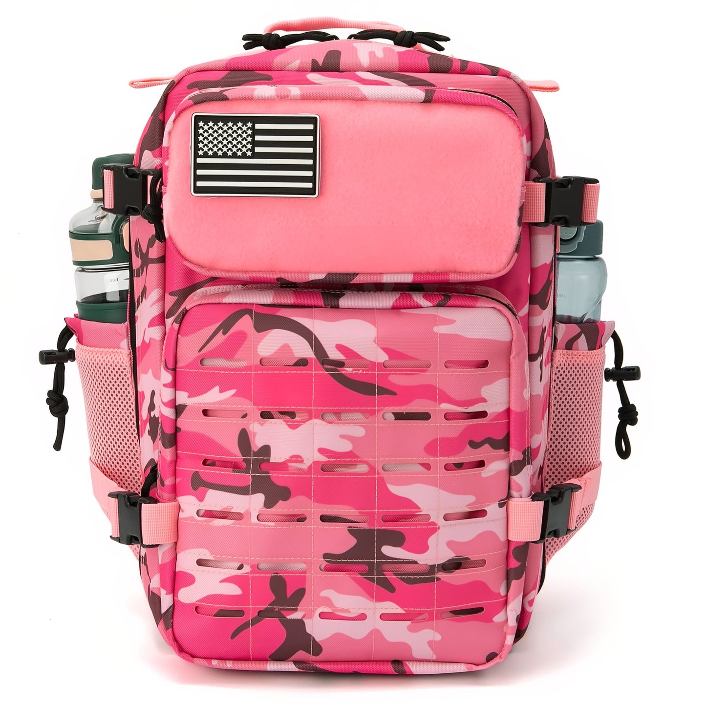 Sac à Dos Camouflage Rose 25L vue avant avec accessoires - Rose