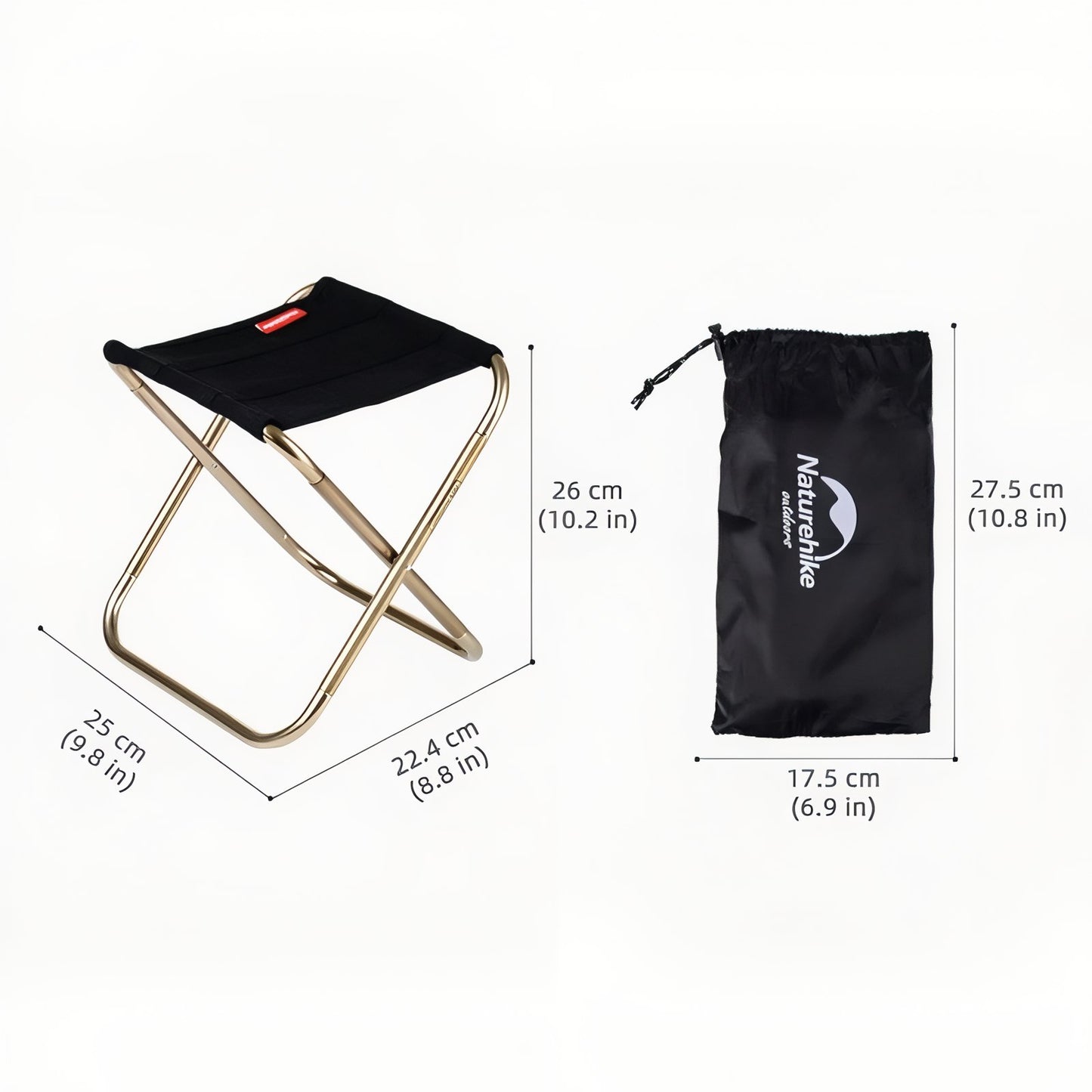 Tabouret Pliant Pour Randonnée guide des dimensions - Noir et Or - Vert Foncé