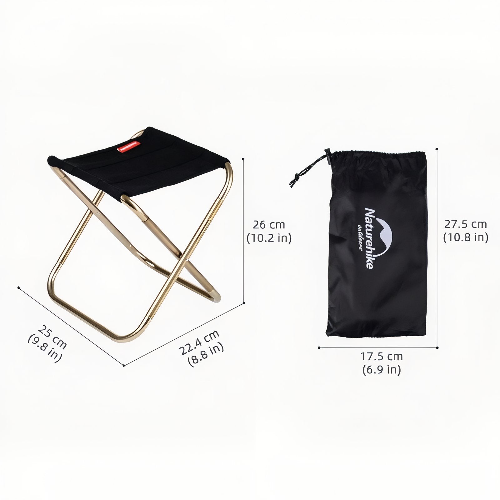 Tabouret Pliant Pour Randonnée guide des dimensions - Noir et Or - Vert Foncé