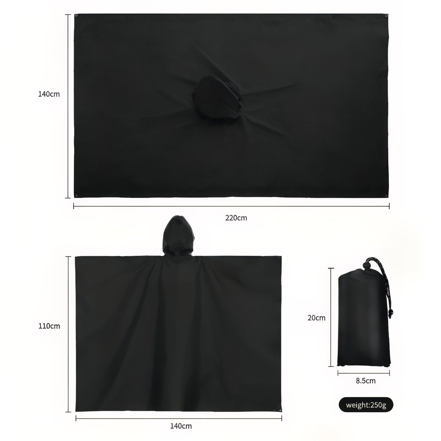 Poncho Imperméable de Randonnée guide des dimensions - Noir - Vert Camouflage - Gris Foncé