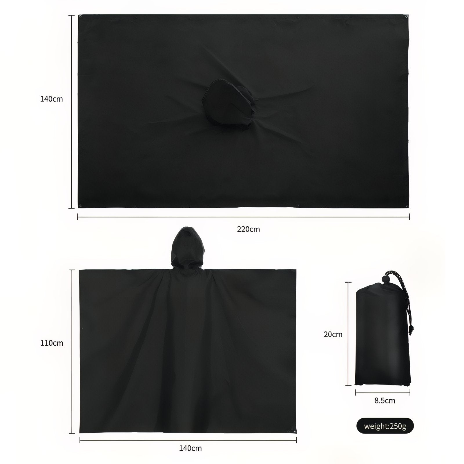 Poncho Imperméable de Randonnée guide des dimensions - Noir - Vert Camouflage - Gris Foncé