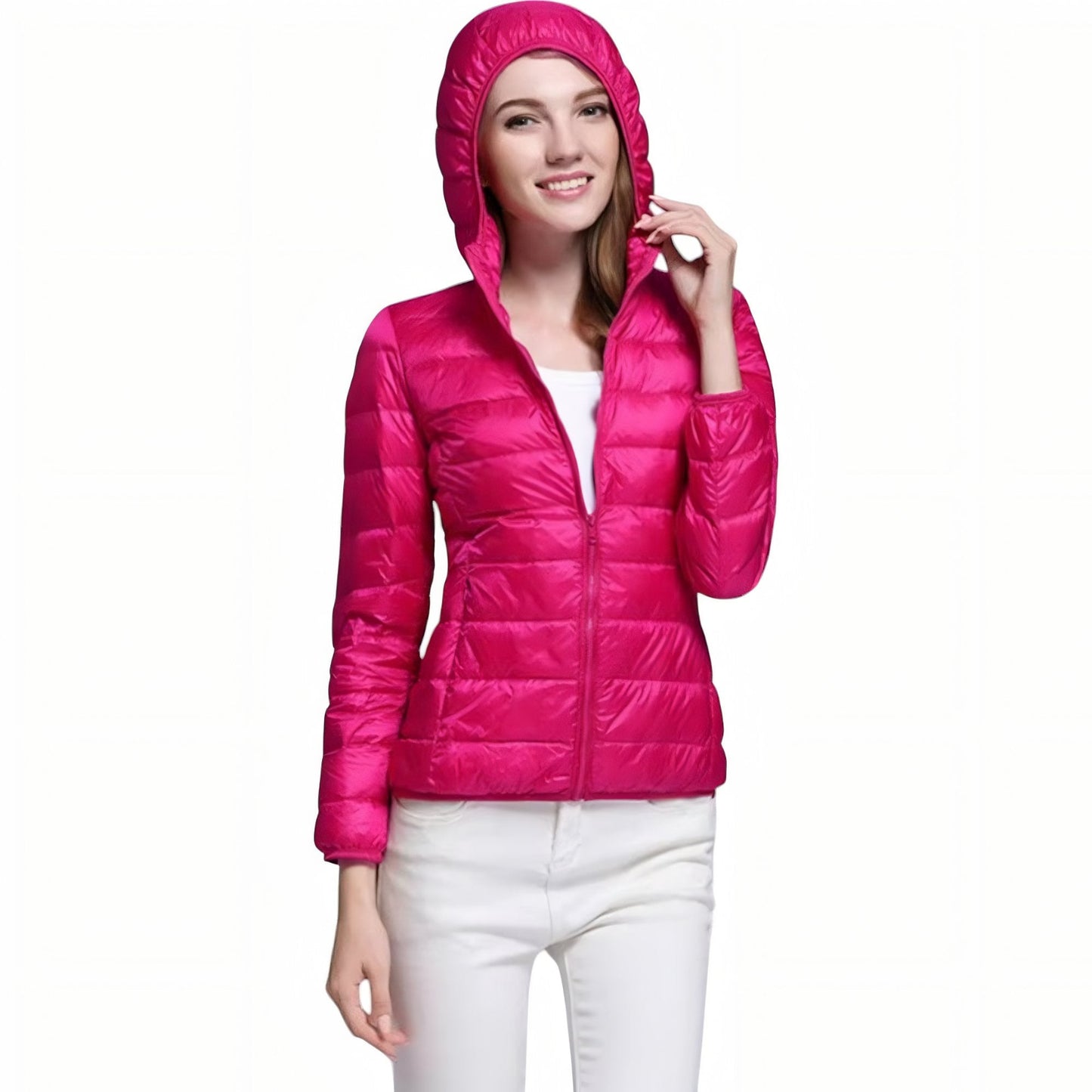 Doudoune Randonnée Compressible Femme portée avec capuche - Rose Poudré - Bleu Marine - Bleu Marine (sans capuche) - Orange - Beige - Beige (sans capuche) - Vert Menthe - Vert Menthe (sans capuche) - Rose - Bleu - Violet - Violet (sans capuche) - Rouge - Rouge (sans capuche) - Noir - Noir (sans capuche) - Bordeaux - Bordeaux (sans capuche)