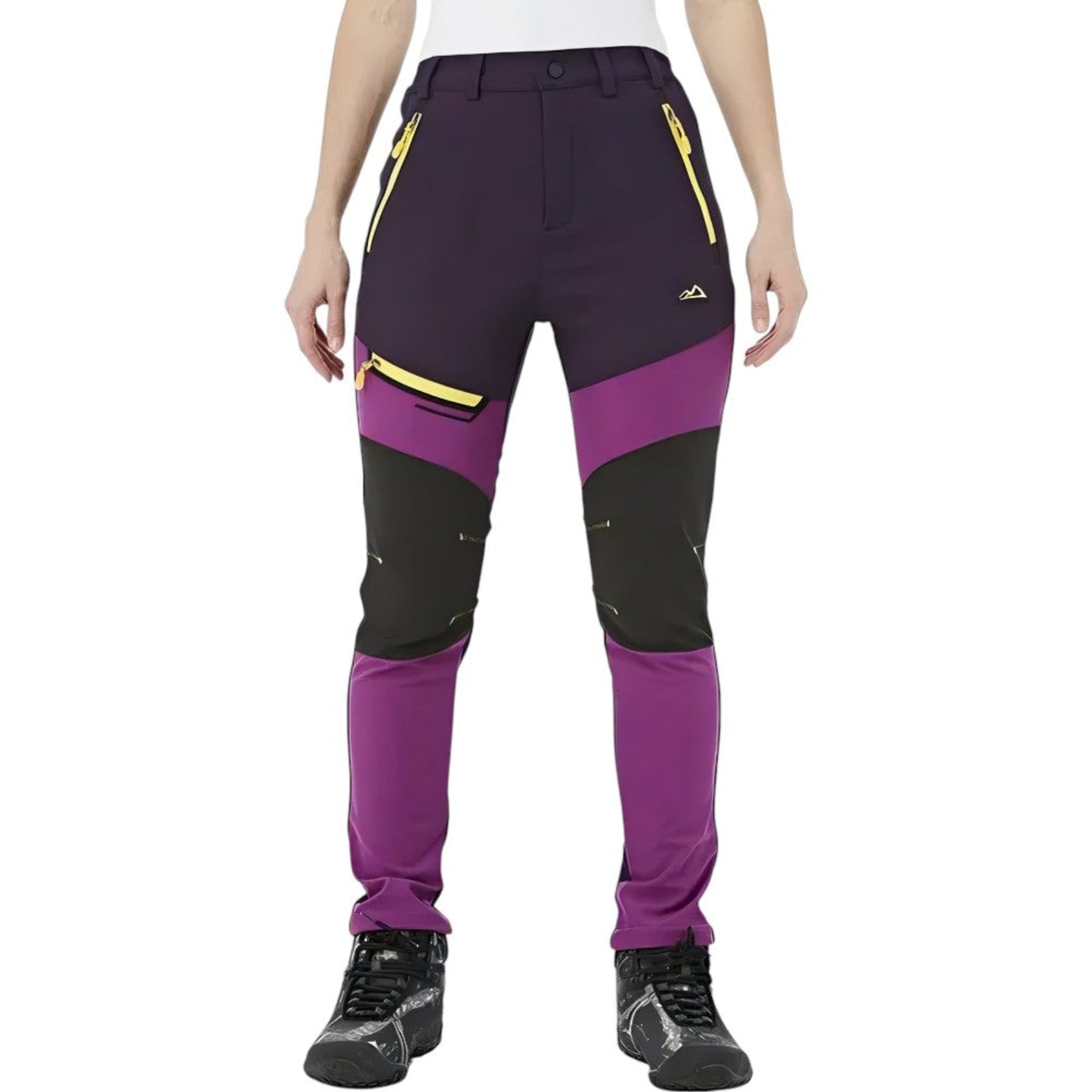 Pantalon Randonnée Chaud Polaire Femme portée debout - Violet - Gris - Vert