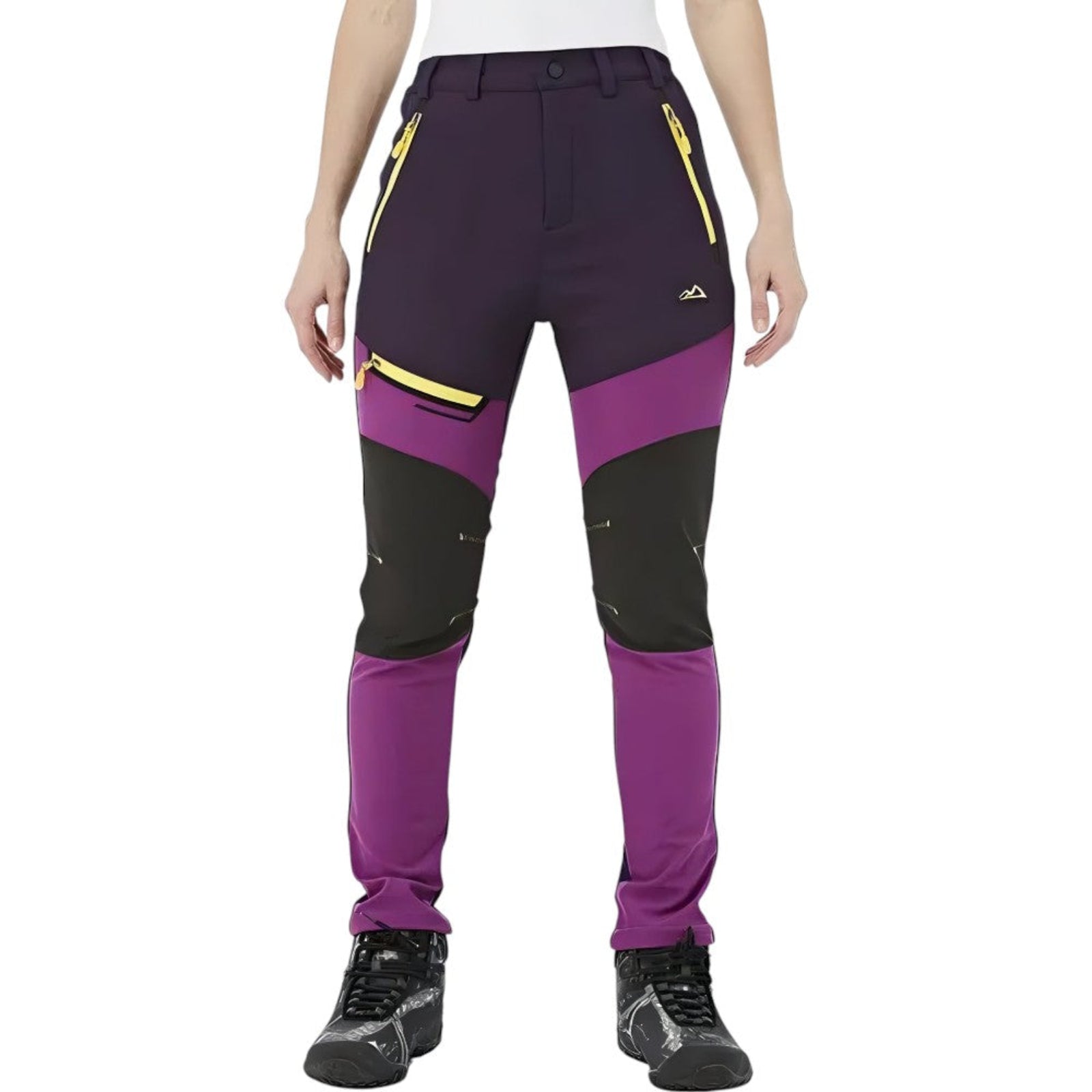 Pantalon Randonnée Chaud Polaire Femme portée debout - Violet - Gris - Vert