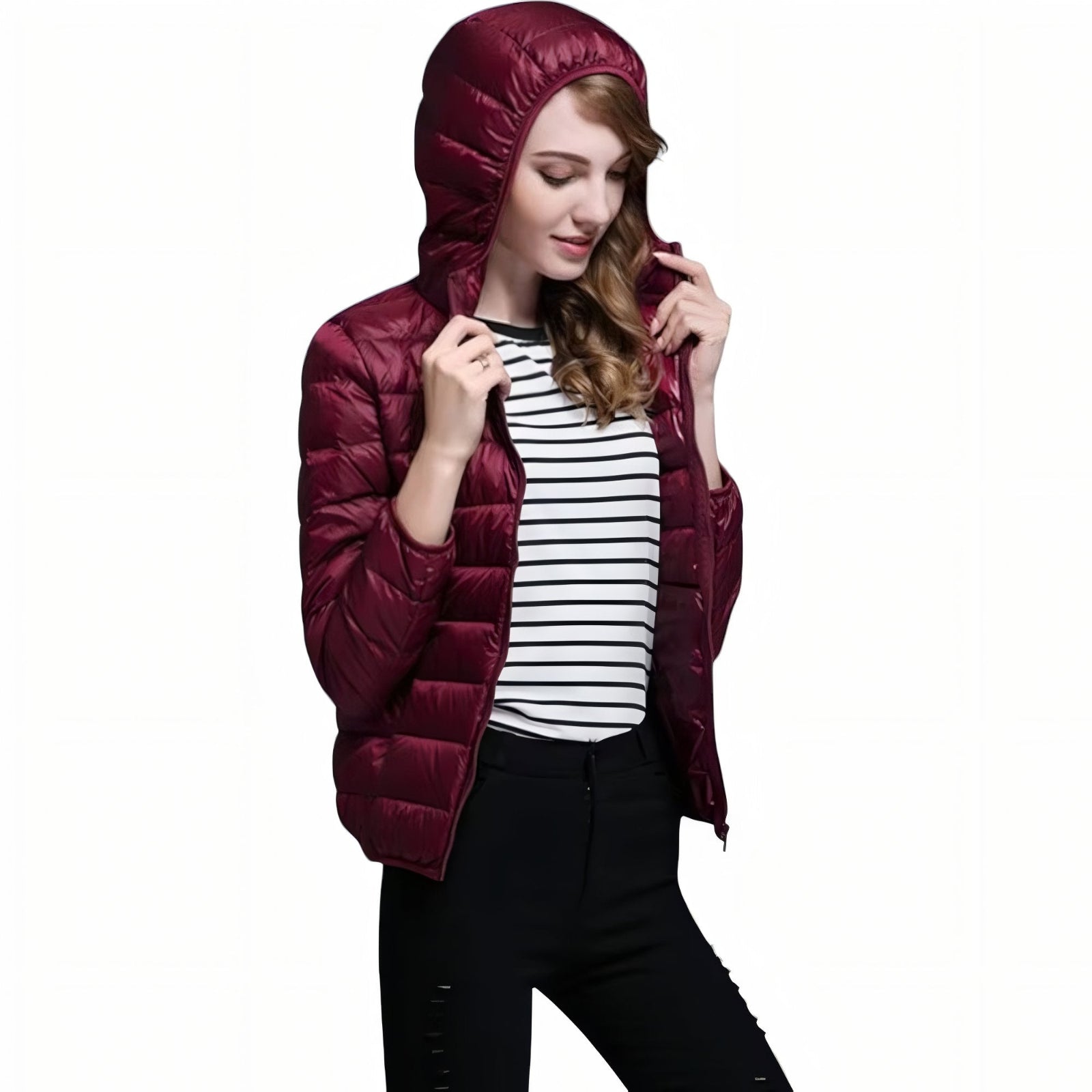 Doudoune Randonnée Compressible Femme portée avec capuche - Rose Poudré - Bleu Marine - Bleu Marine (sans capuche) - Orange - Beige - Beige (sans capuche) - Vert Menthe - Vert Menthe (sans capuche) - Rose - Bleu - Violet - Violet (sans capuche) - Rouge - Rouge (sans capuche) - Noir - Noir (sans capuche) - Bordeaux - Bordeaux (sans capuche)