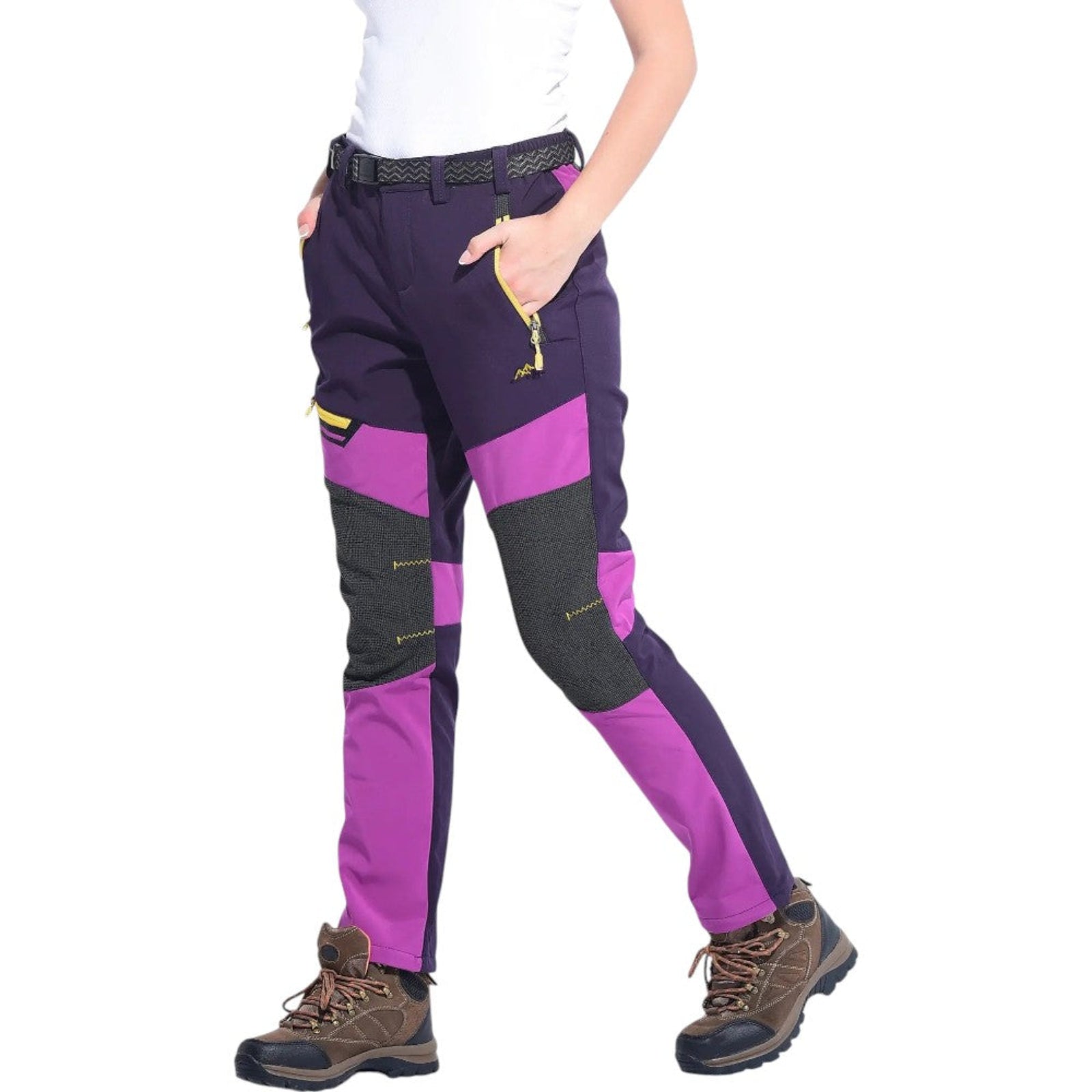 Pantalon Randonnée Chaud Polaire Femme portée à la main - Violet - Gris - Vert