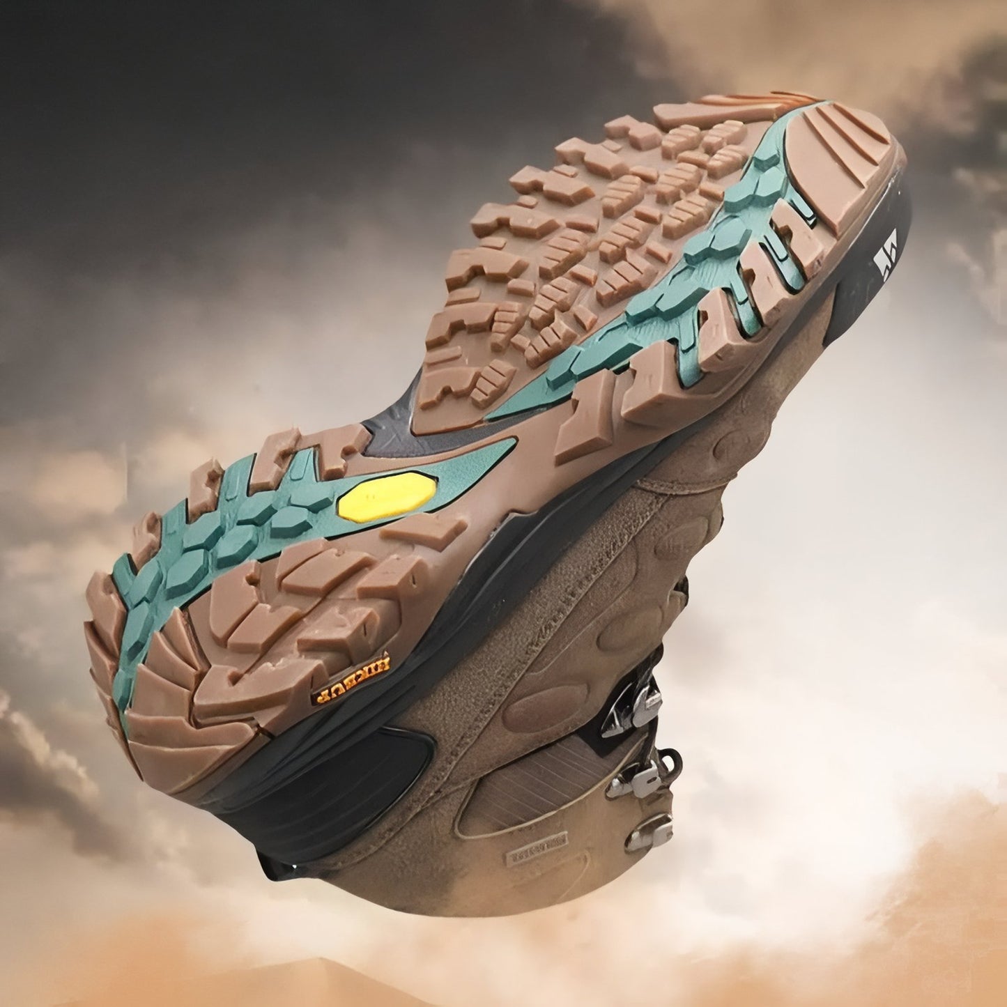 Chaussure Randonnée Montagne Homme gros plan semelle - Marron Foncé - Noir Ébène - Vert Foncé - Gris