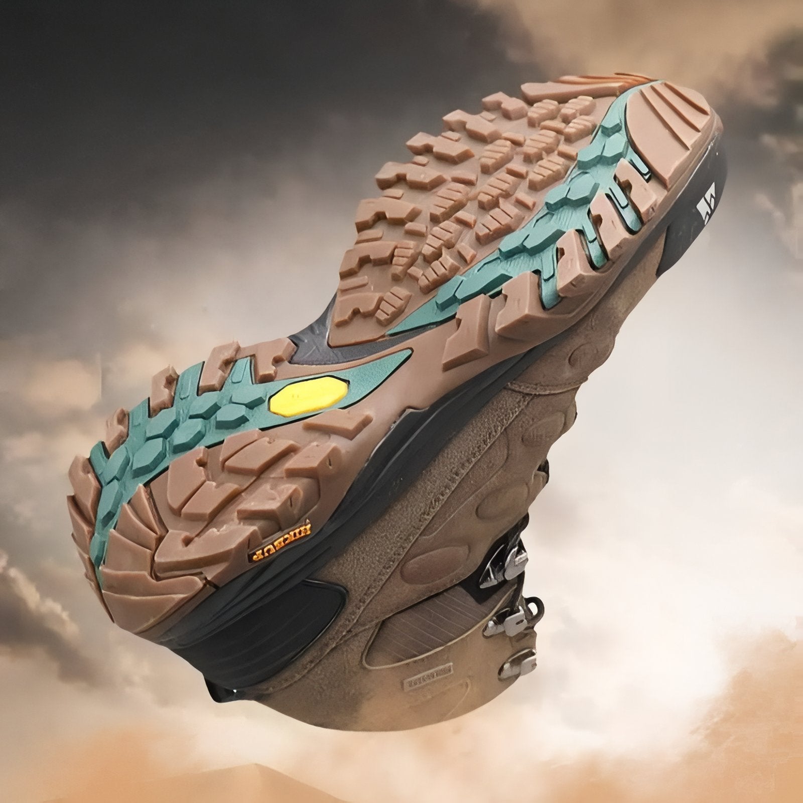 Chaussure Randonnée Montagne Homme gros plan semelle - Marron Foncé - Noir Ébène - Vert Foncé - Gris