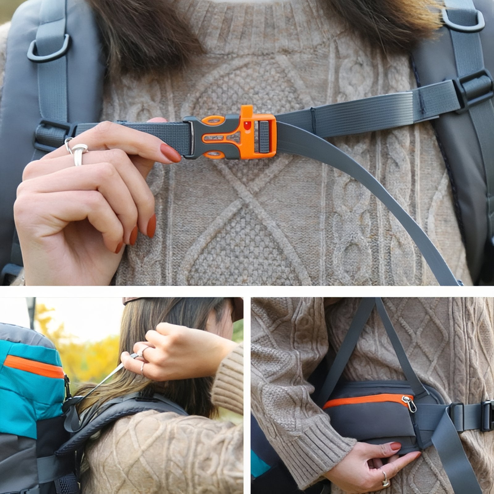 Sac à Dos Grande Randonnée 65L gros plan fermeture zippée - Turquoise - Bleu Marine - Orange - Noir