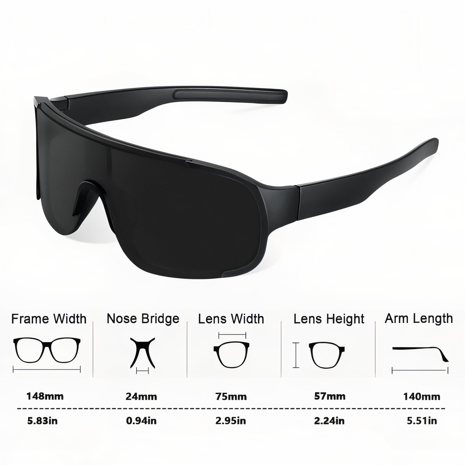 Lunette De Soleil de Randonnée guide des dimensions - Bleu Foncé - Vert Émeraude - Bleu Clair - Orange - Noir et Gris - Marron et Noir - Rose Pâle - Noir Mat
