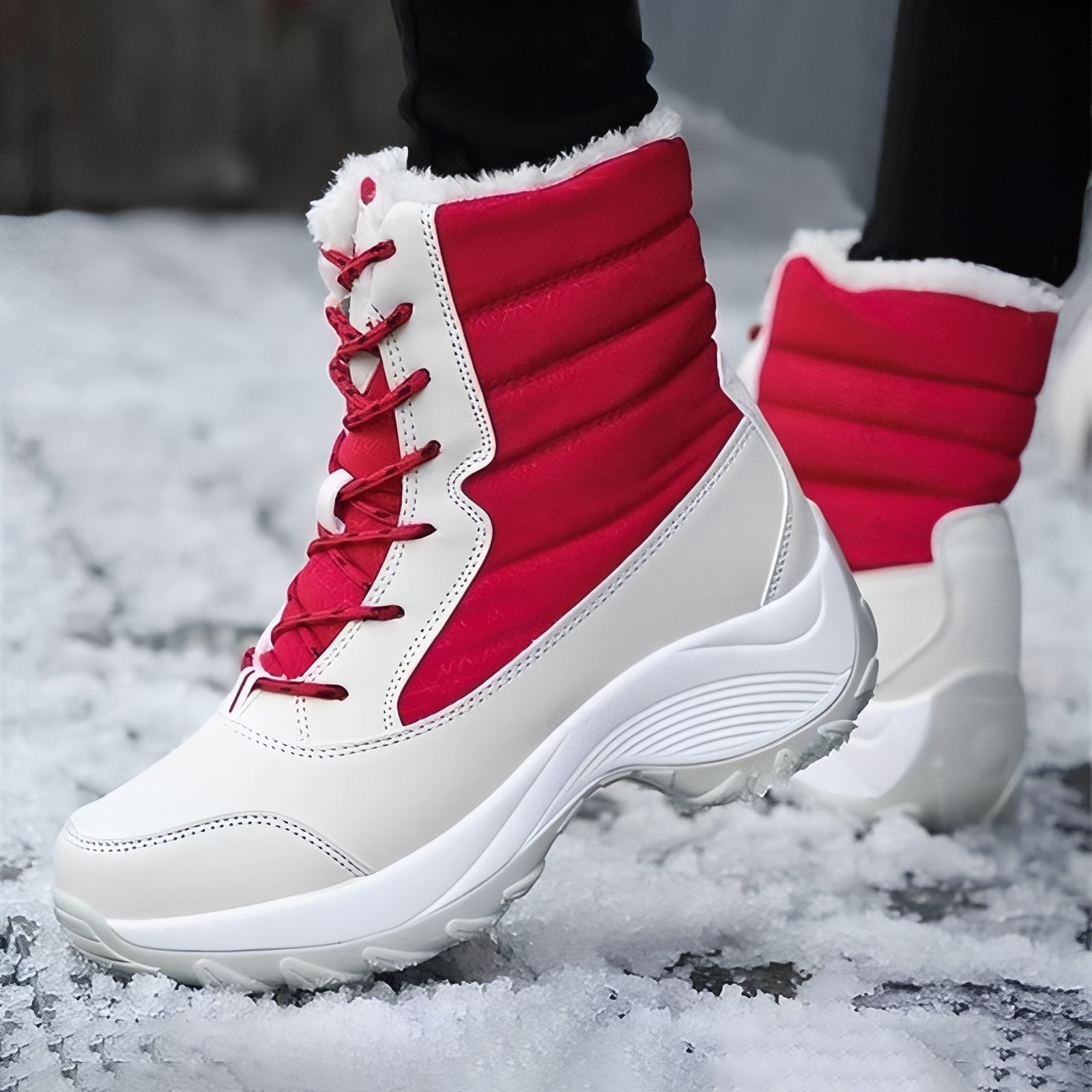 Bottes Randonnée Neige Femme portée sur neige - Bleu Marine et Blanc - Noir et Blanc - Beige et Blanc - Beige et Rouge