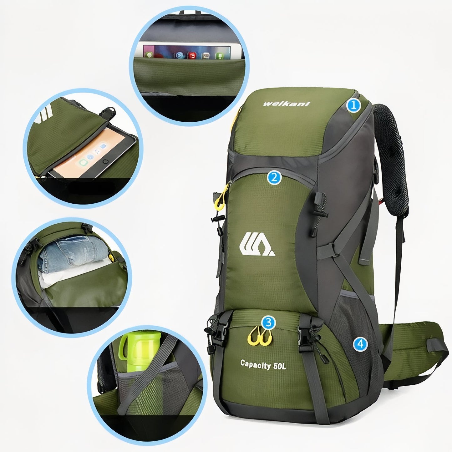 Sac a Dos Léger Randonnée 50 litres gros plan compartiments - Orange - Noir - Bleu Marine - Rouge - Vert