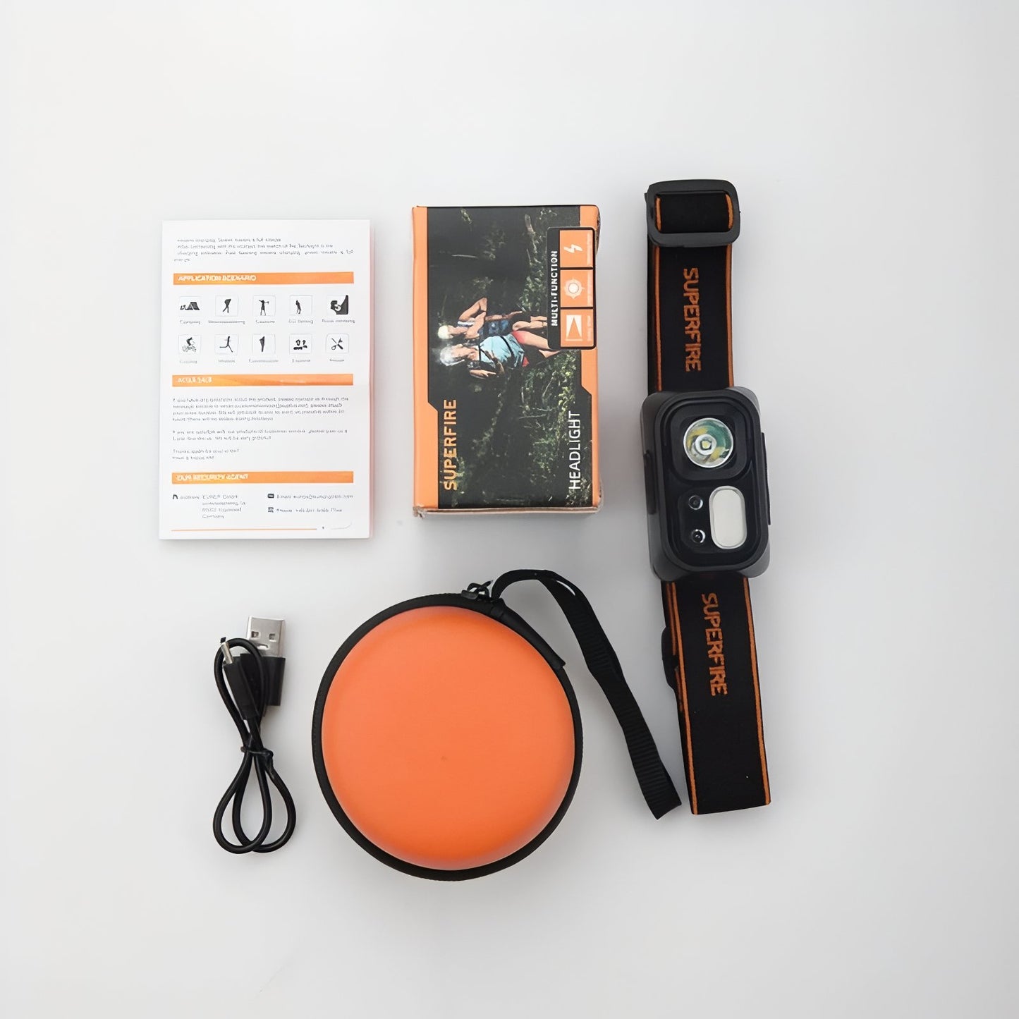 Lampe Frontale 9 Modes Rechargeable ensemble d'articles - Noir et Orange