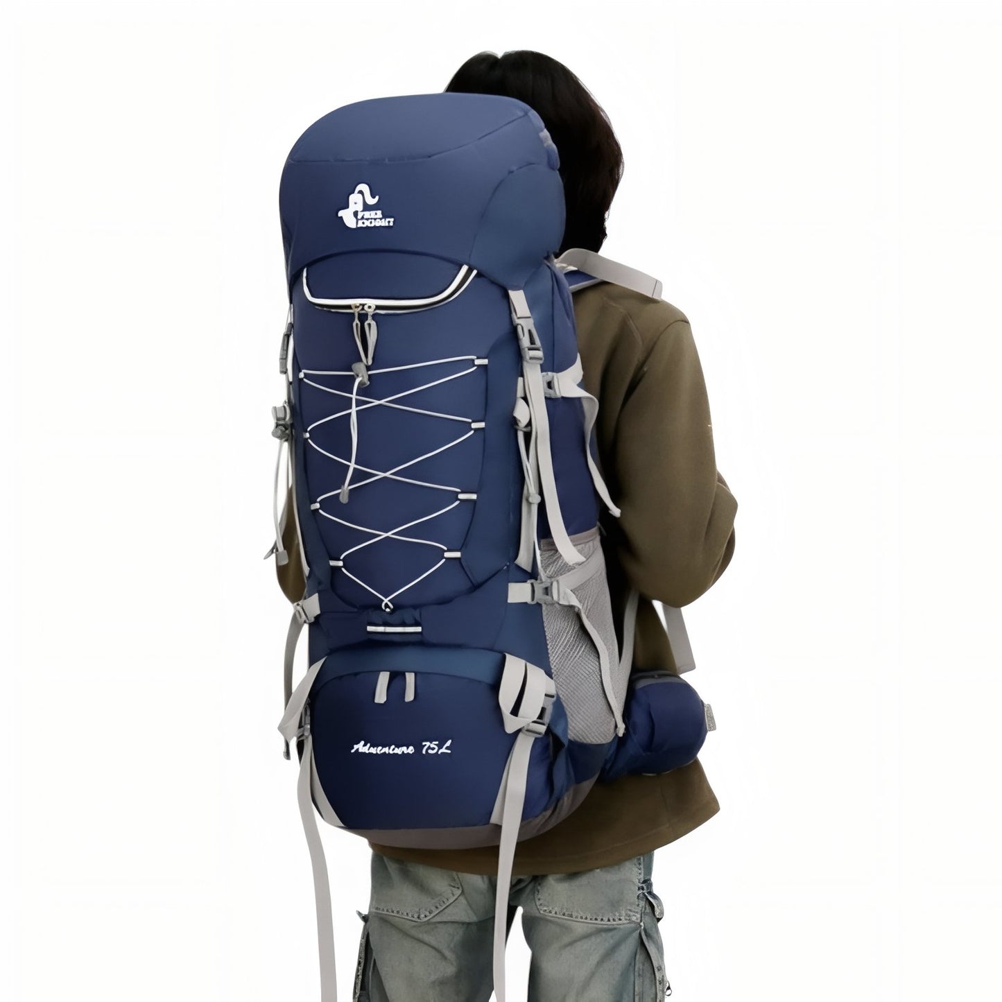 Sac à Dos Imperméable Randonnée 75L portée sur le dos - Vert Foncé - Bleu Marine - Bleu Océan - Noir