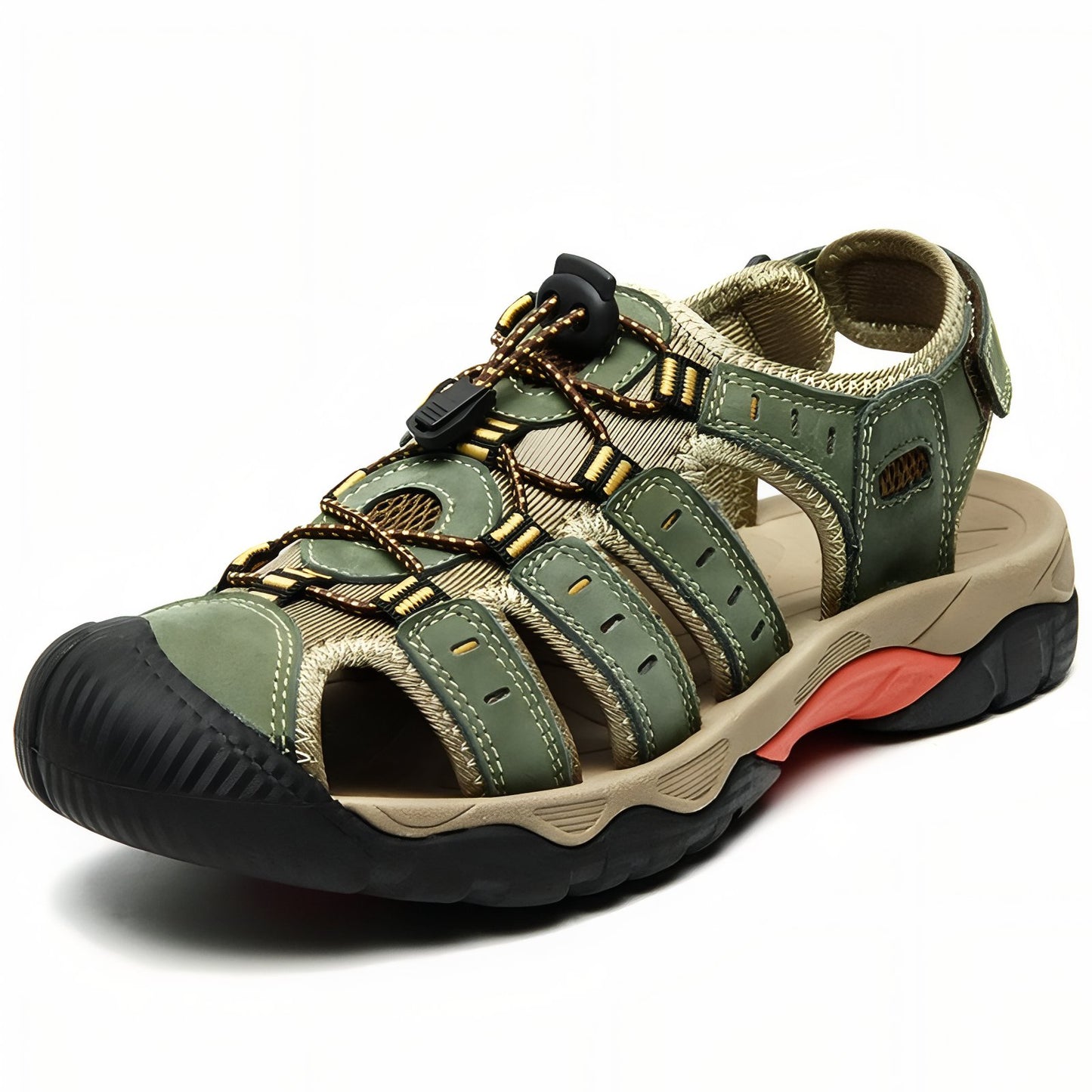 Sandales Randonnée Cuir Homme - Vert Olive et Beige