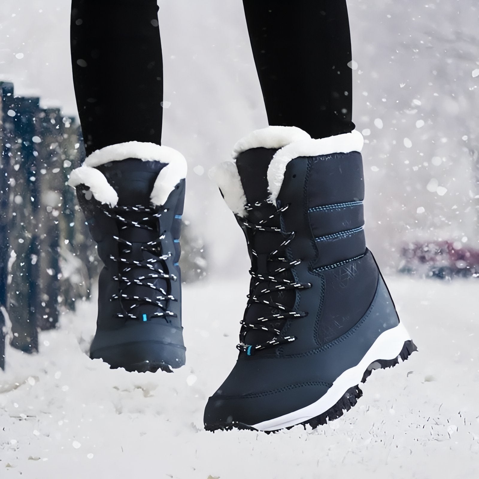 Bottes Randonnée Neige Femme portée en extérieur - Bleu Marine et Blanc - Noir et Blanc - Beige et Blanc - Beige et Rouge