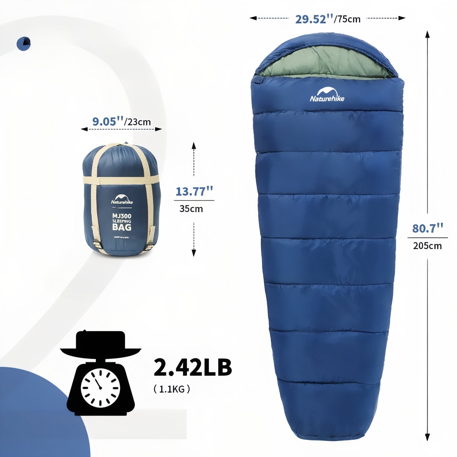 Sac de Couchage 3 Saisons Ultra Light guide des dimensions - Bleu Marine et Vert Clair