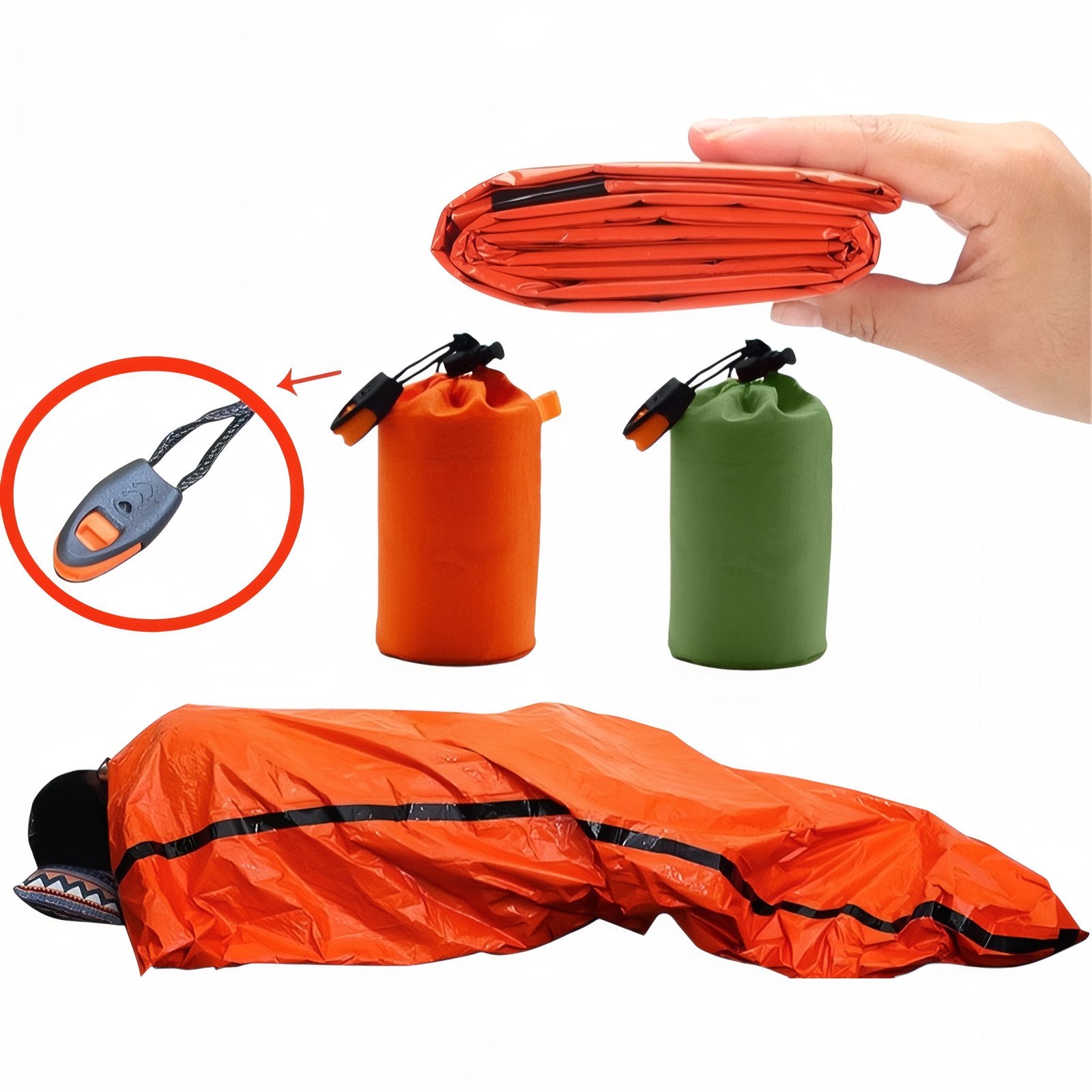 Couverture De Survie Sac De Couchage mise en situation portée - Orange Fluo - Vert