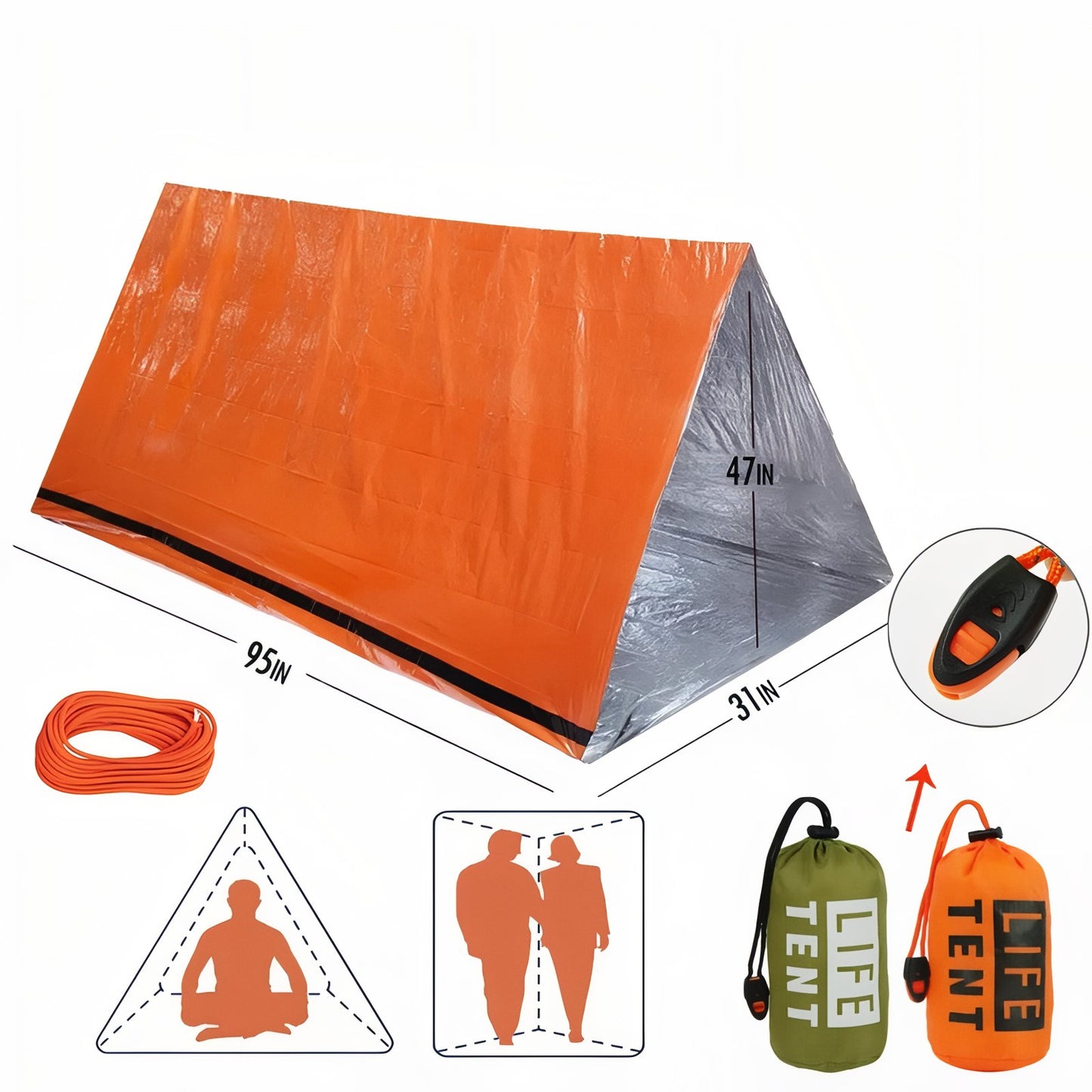 Tente Bivouac Survie guide des dimensions - Orange et Argent - Vert Olive