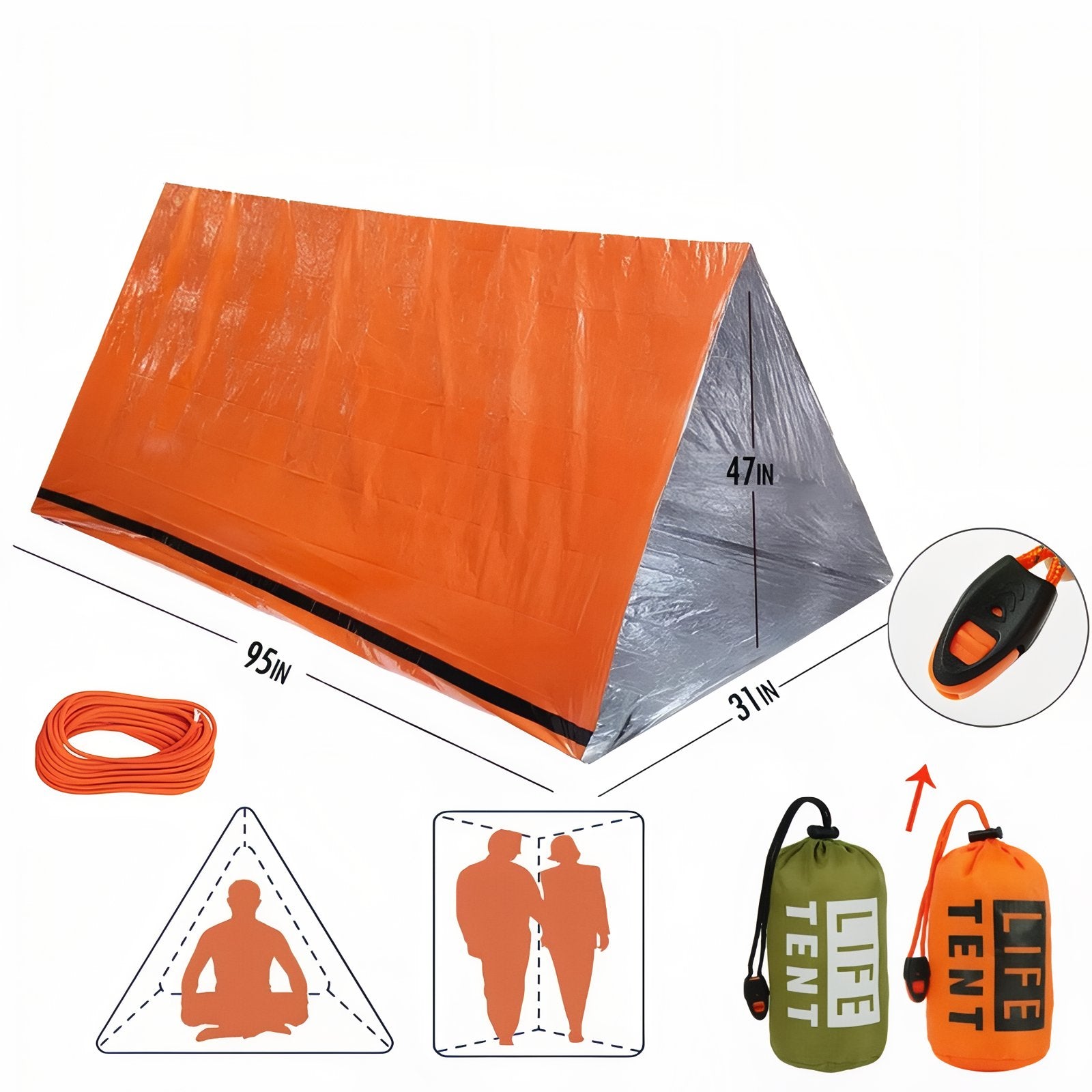 Tente Bivouac Survie guide des dimensions - Orange et Argent - Vert Olive