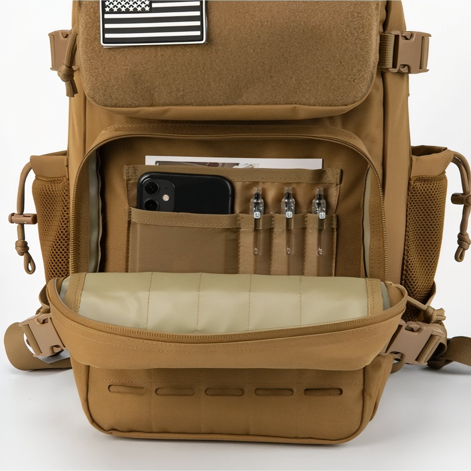 Sac à Dos Militaire Sable 25L compartiment ouvert - Marron Foncé