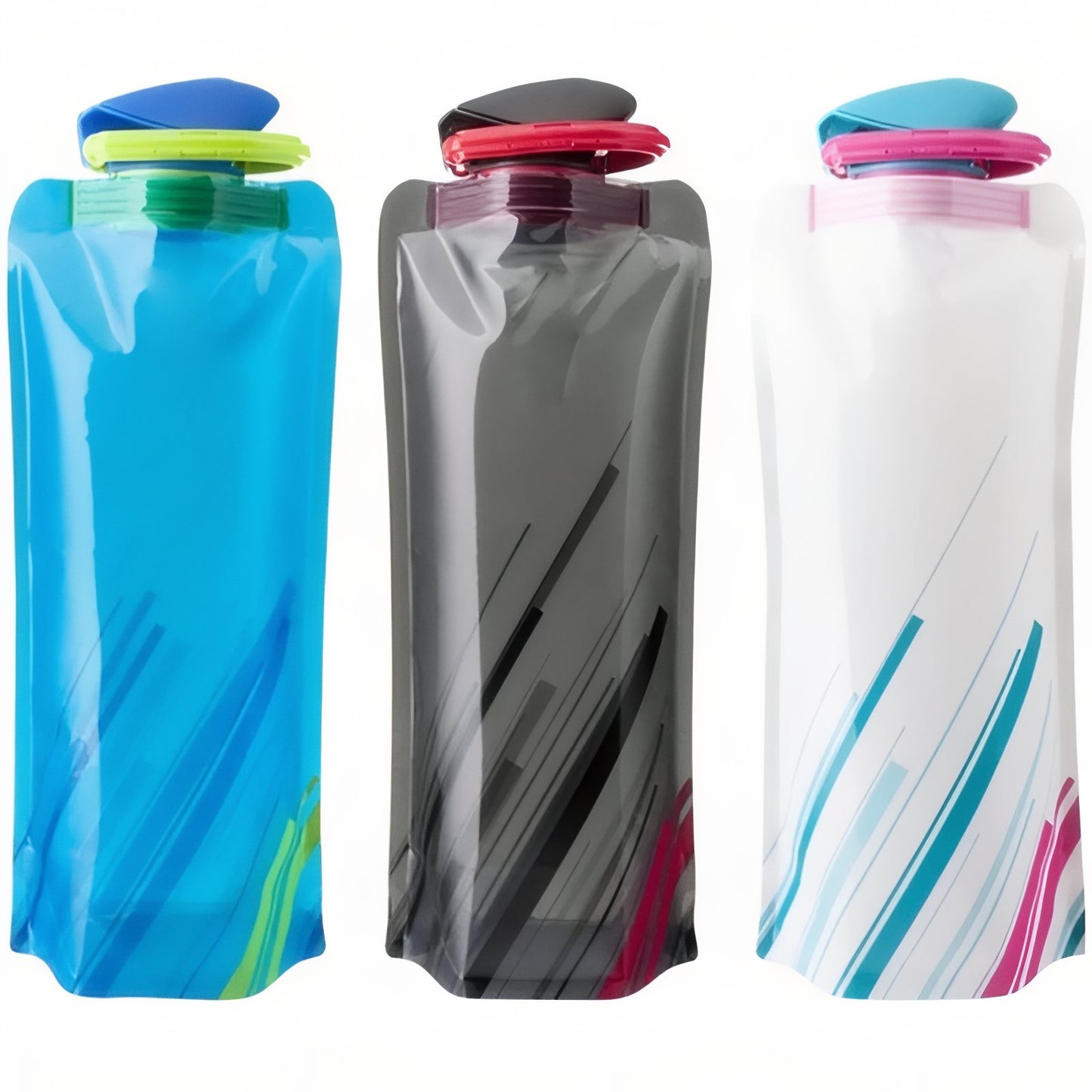Gourde Pliante 700ml trois articles alignés - Bleu Ciel - Noir - Blanc