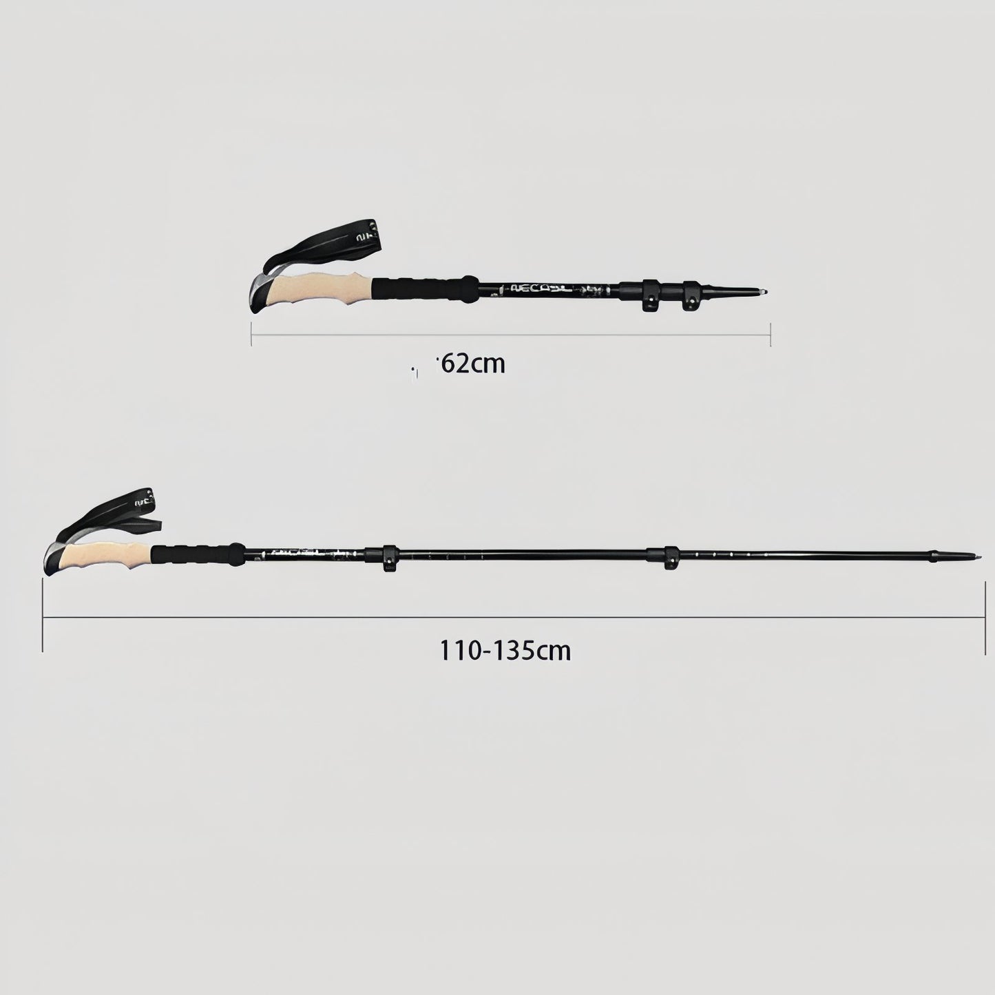 Bâton de Randonnée Ultra Léger 135CM guide des dimensions - Noir - Gris - Violet - Rouge - Bleu