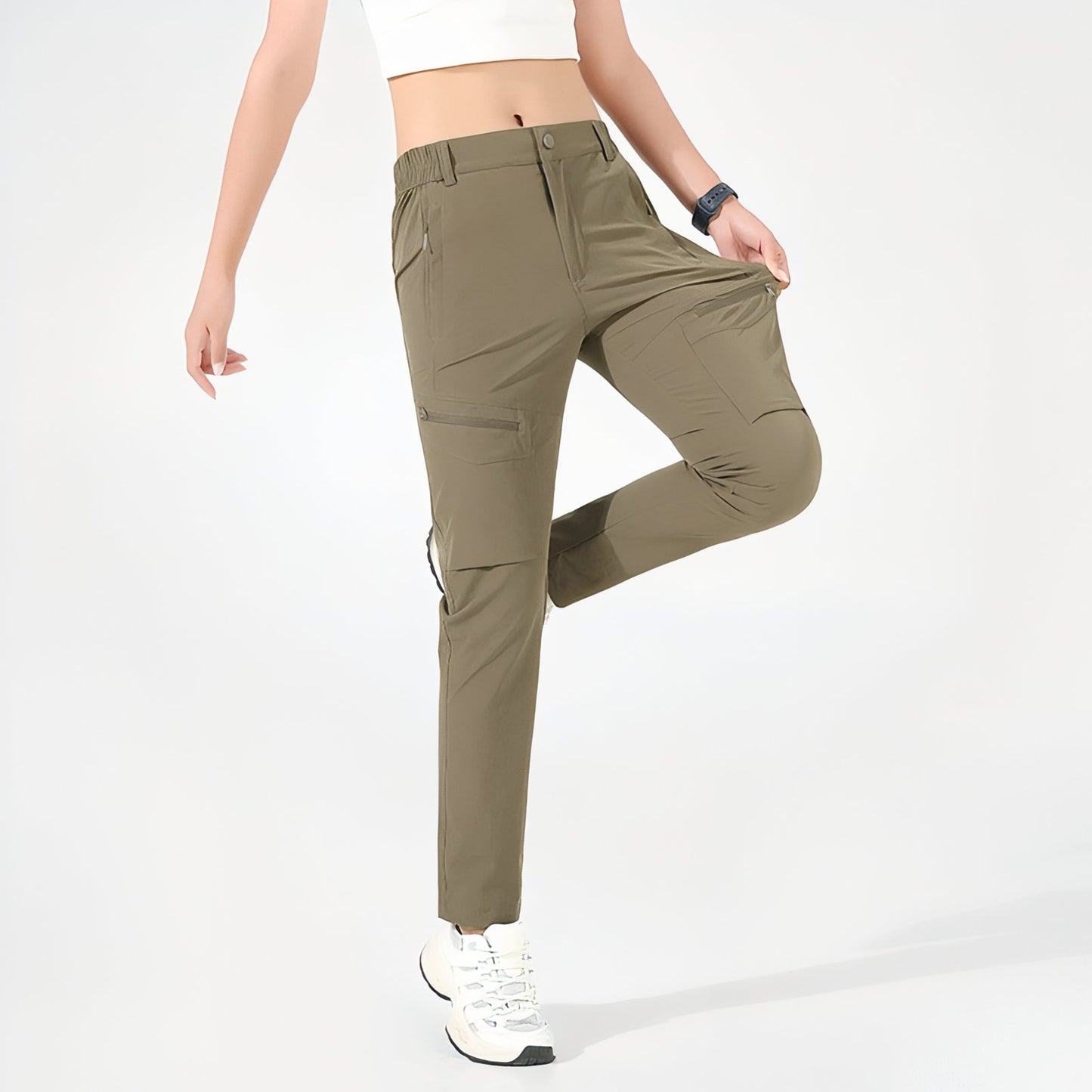 Pantalon Randonnée Femme Été Extensible portée en action - Taupe - Noir - Beige - Gris