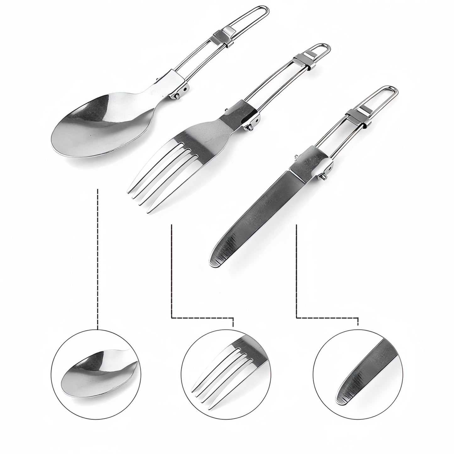 Couvert Pliant Camping gros plan des ustensiles - Cuillère + Fourchette + Couteau