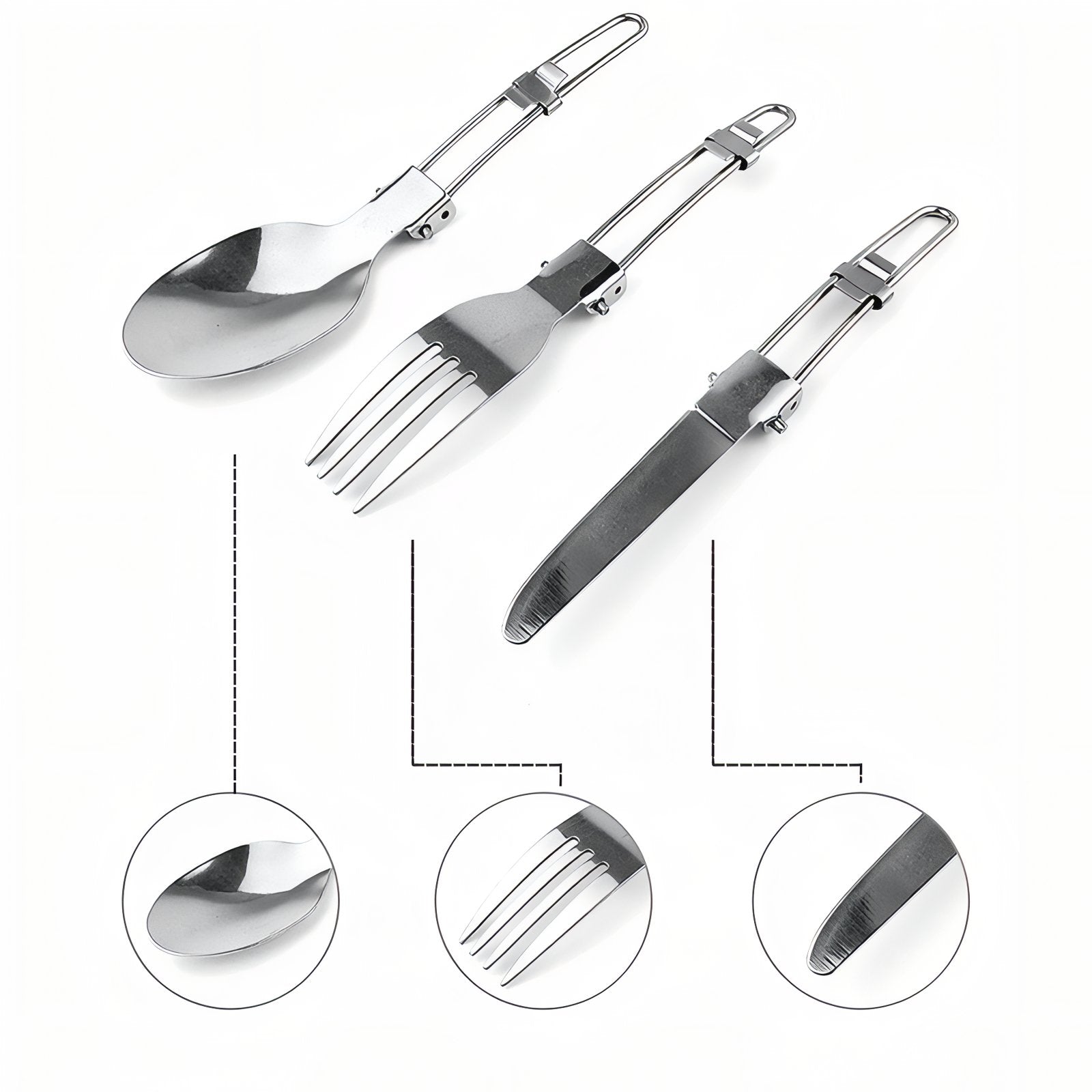 Couvert Pliant Camping gros plan des ustensiles - Cuillère + Fourchette + Couteau