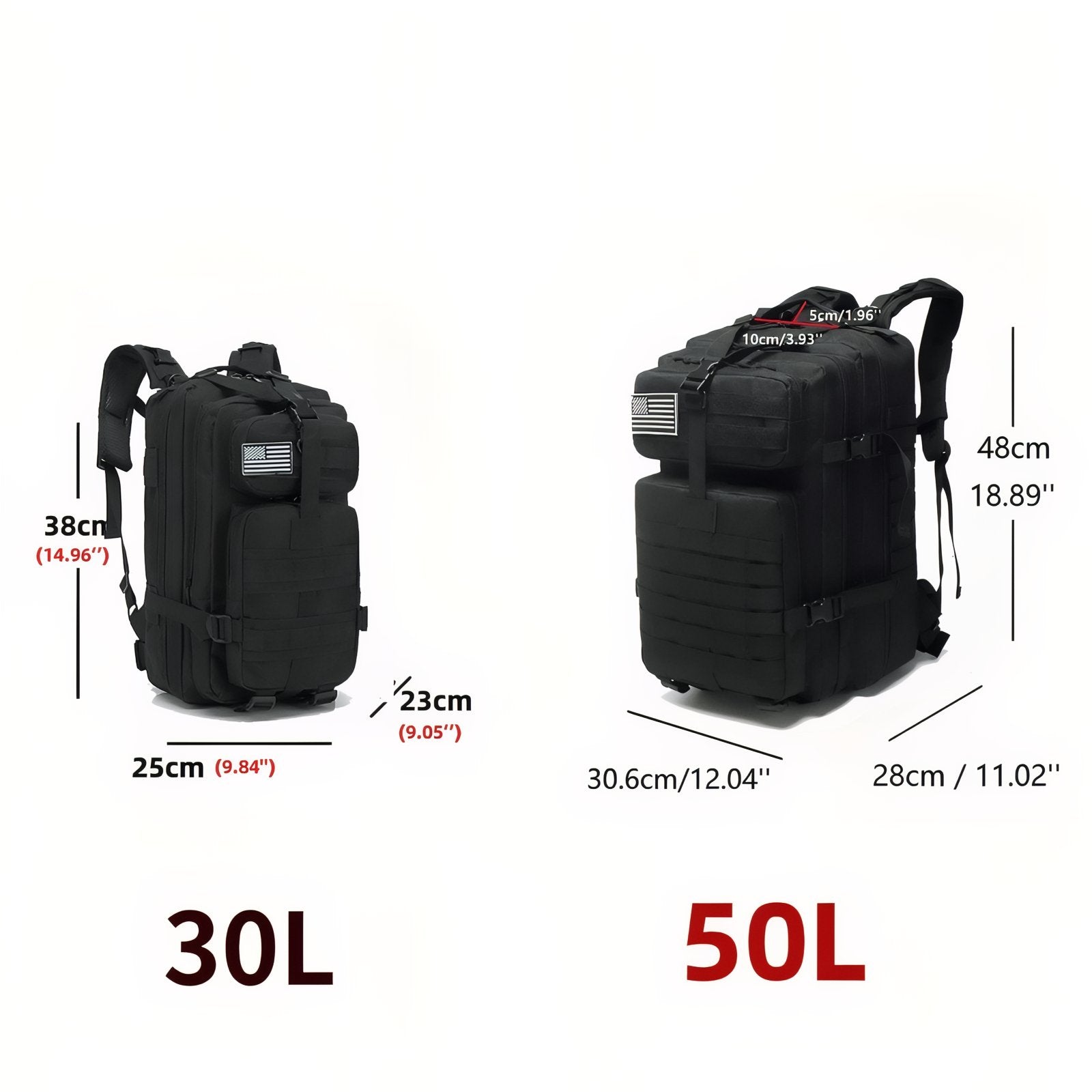 Sac à Dos Militaire Imperméable 30L/50L guide des dimensions - Noir Camouflage (50L) - Noir Camouflage (30L) - Vert Olive (50L) - Vert Olive (30L) - Bleu Marine (50L) - Rose (50L) - Beige (50L) - Beige (30L) - Vert Camouflage (50L) - Vert Camouflage (30L) - Noir (50L) - Noir (30L) - Gris Camouflage (50L) - Gris Camouflage (30L) - Turquoise (50L) - Rouge (50L) - Blanc (50L)