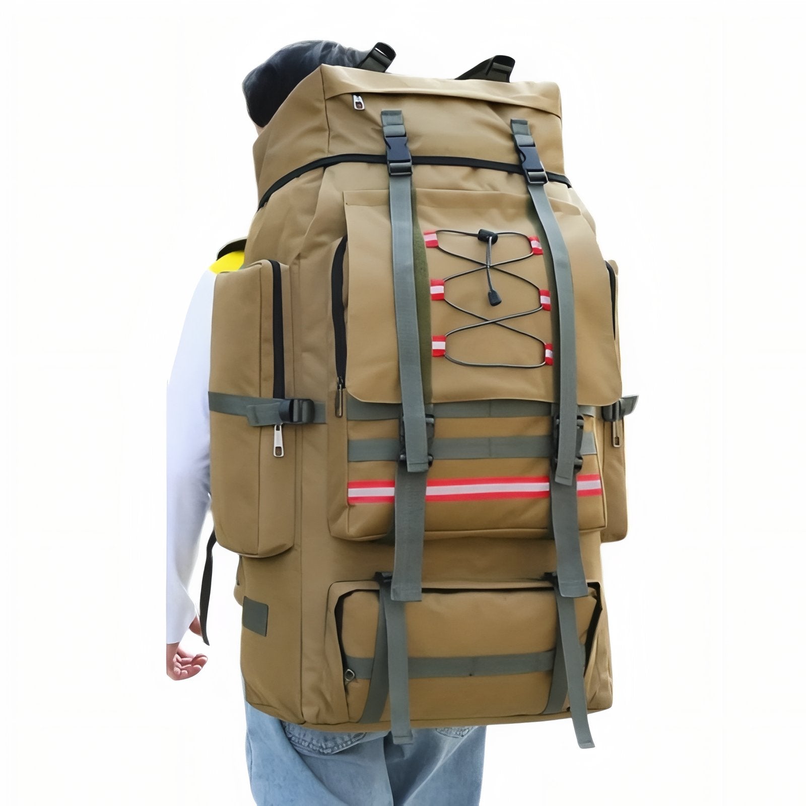 Sac Trek 130L portée sur le dos - Kaki - Bleu Marine - Vert Camouflage - Vert Olive - Noir - Gris