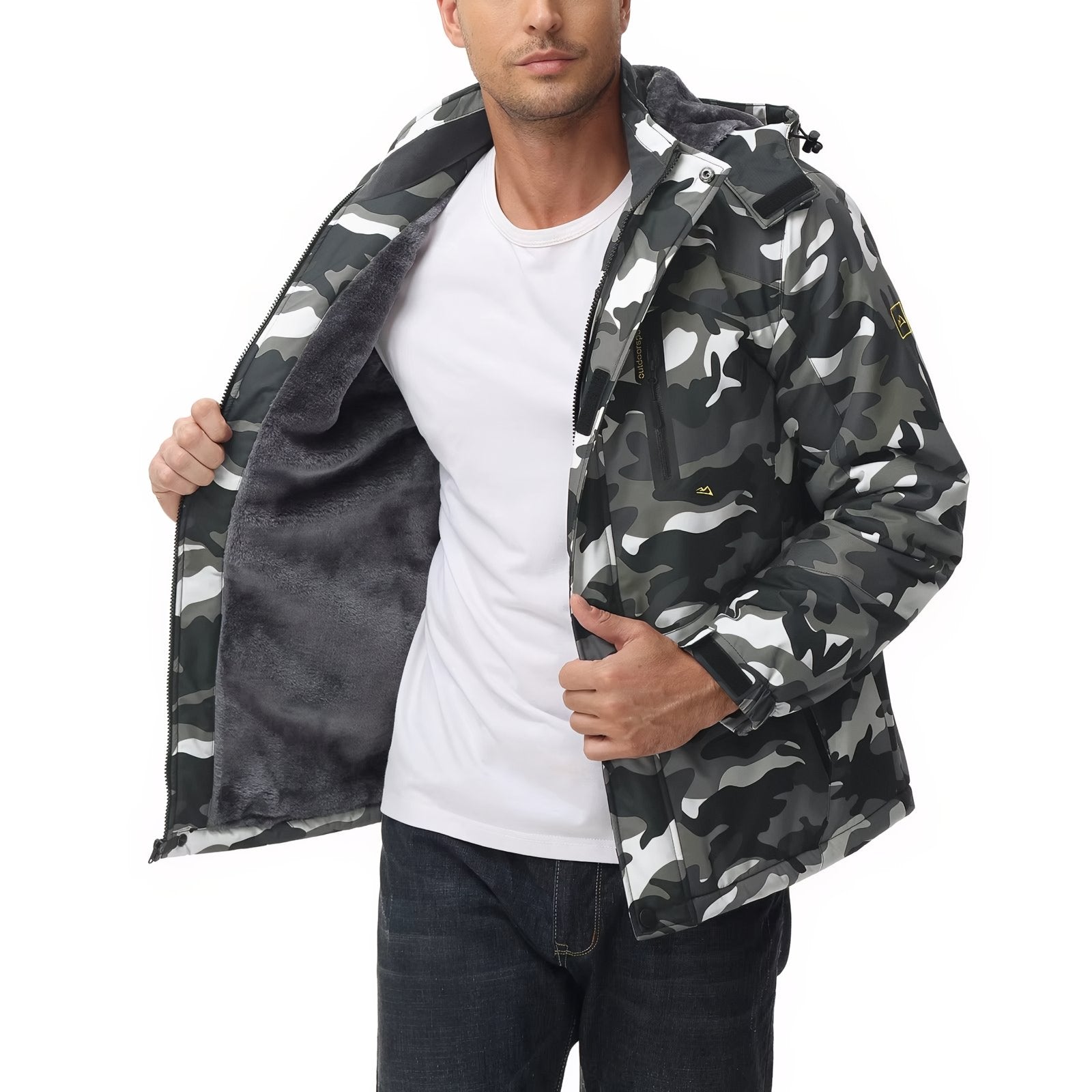 Veste Camouflage Randonnée portée ouverte - Vert Foncé - Bleu - Blanc - Noir