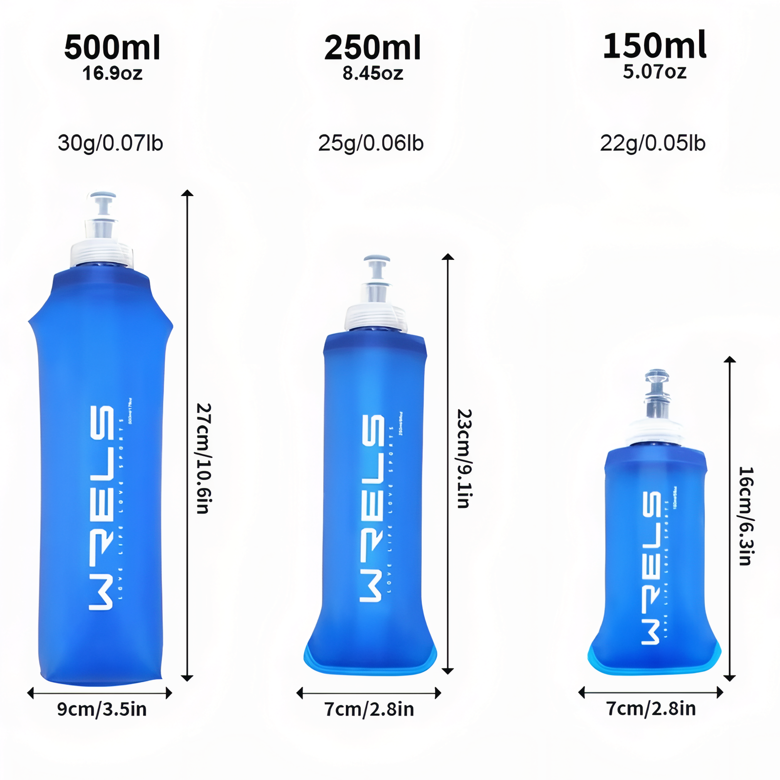 Gourde D'Eau Pliable guide des dimensions - 150ml - 250ml - 500ml - 250ml avec Paille - 500ml avec Paille