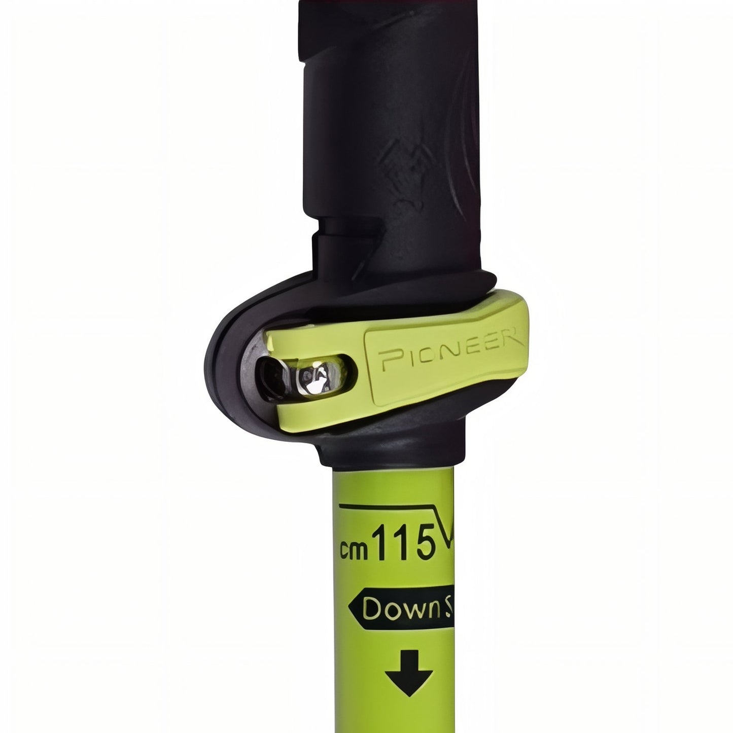 Bâton De Marche Carbone Pliable gros plan mécanisme de verrouillage - Rouge et Vert Fluo - Noir