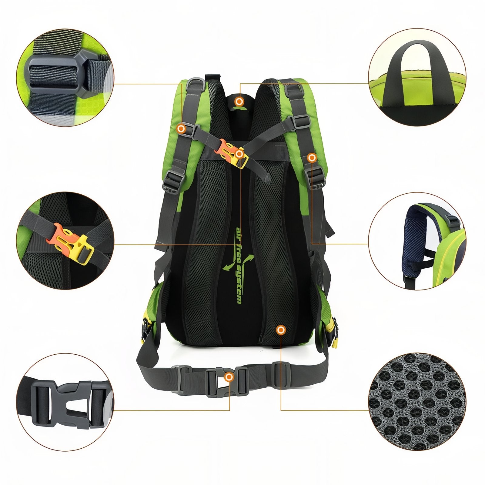 Sac à Dos Marche Randonnée 40L détails des sangles - Vert Fluo - Gris - Bleu Cobalt - Orange - Noir et Jaune - Rouge - Turquoise - Violet - Noir et Rouge - Bleu Marine - Vert Olive