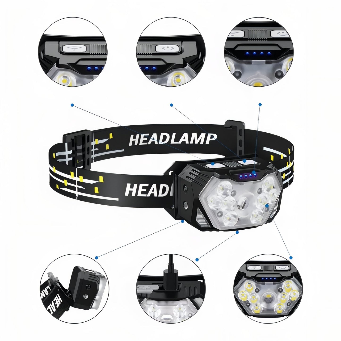 Lampe Frontale LED Puissante détails des fonctionnalités - Noir