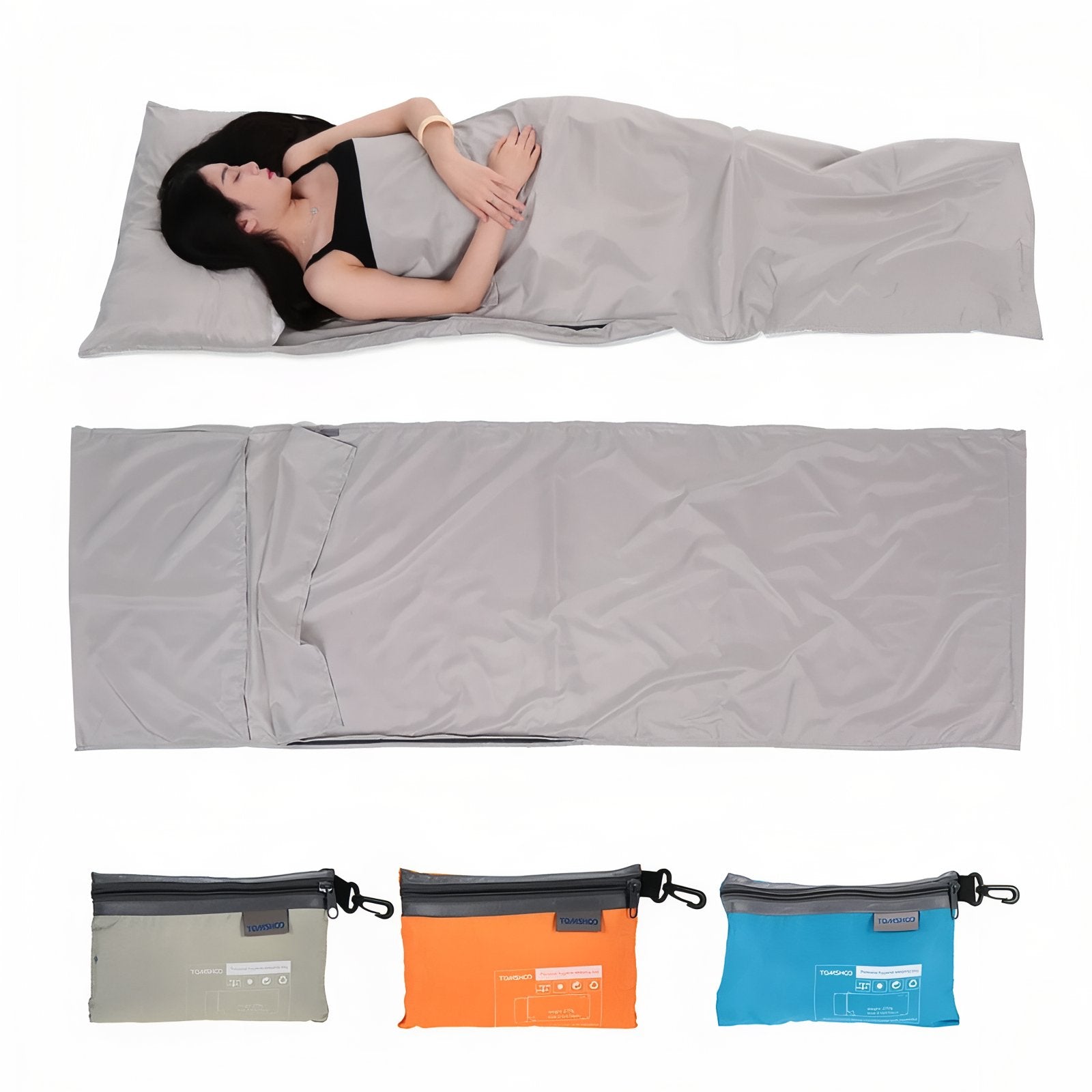 Drap Housse Sac De Couchage 70*210CM mise en situation - Gris Clair - Bleu Ciel - Orange Fluo