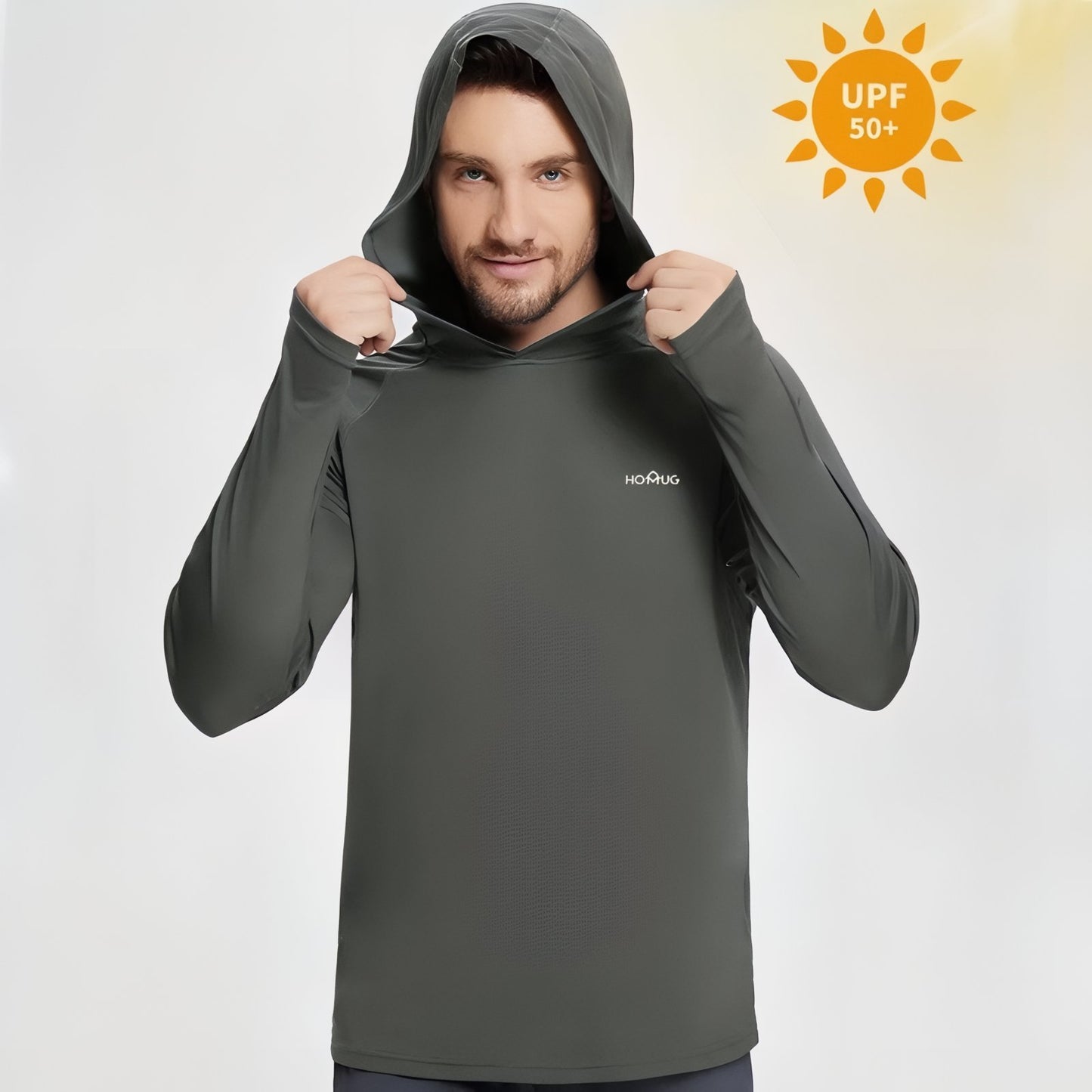 T-Shirt Anti-UV Homme Randonnée UPF50+ portée avec capuche - Blanc Pur - Bleu Ciel - Gris Foncé - Jaune Soleil - Orange Fluo - Turquoise Clair - Bleu Marine