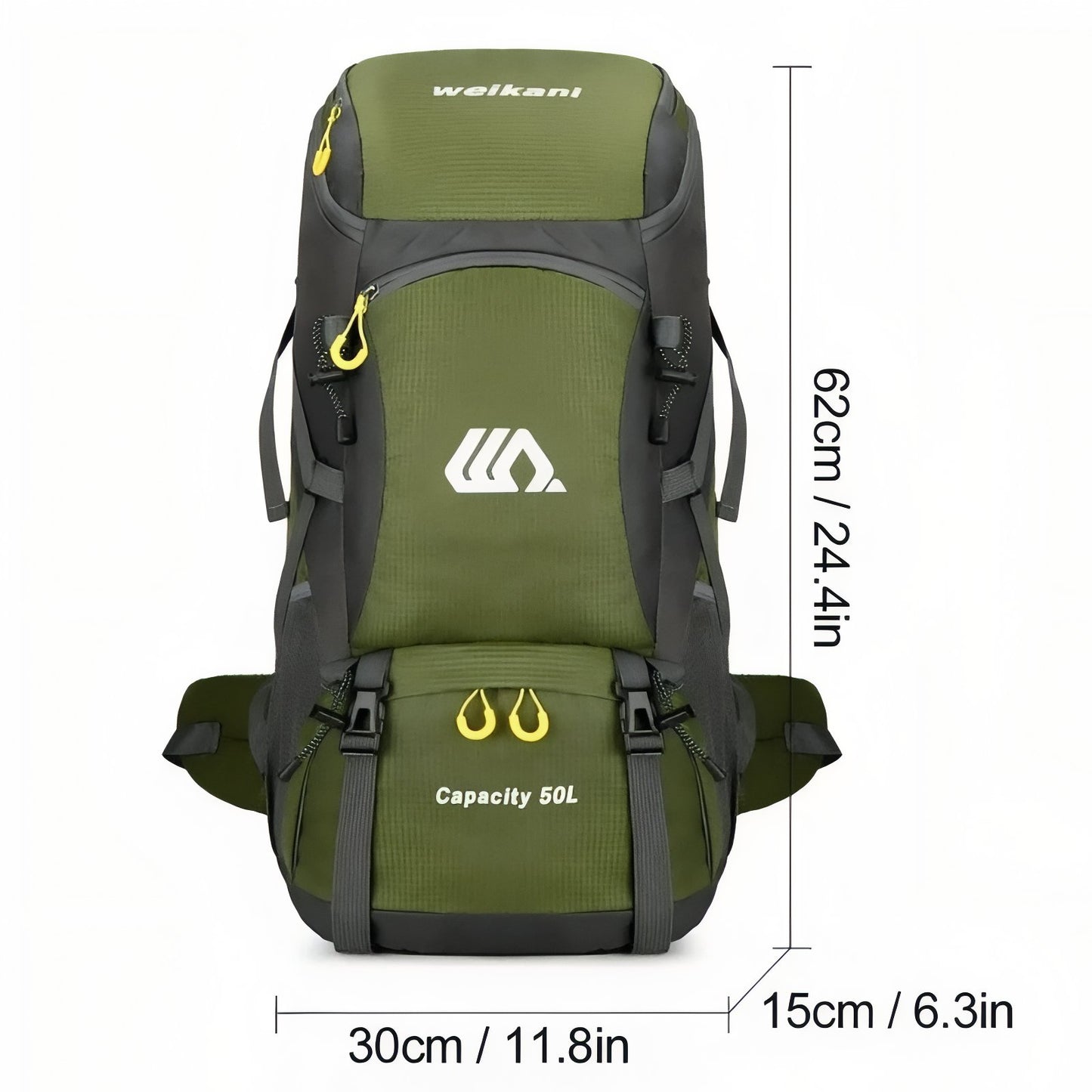 Sac a Dos Léger Randonnée 50 litres dimensions affichées - Vert