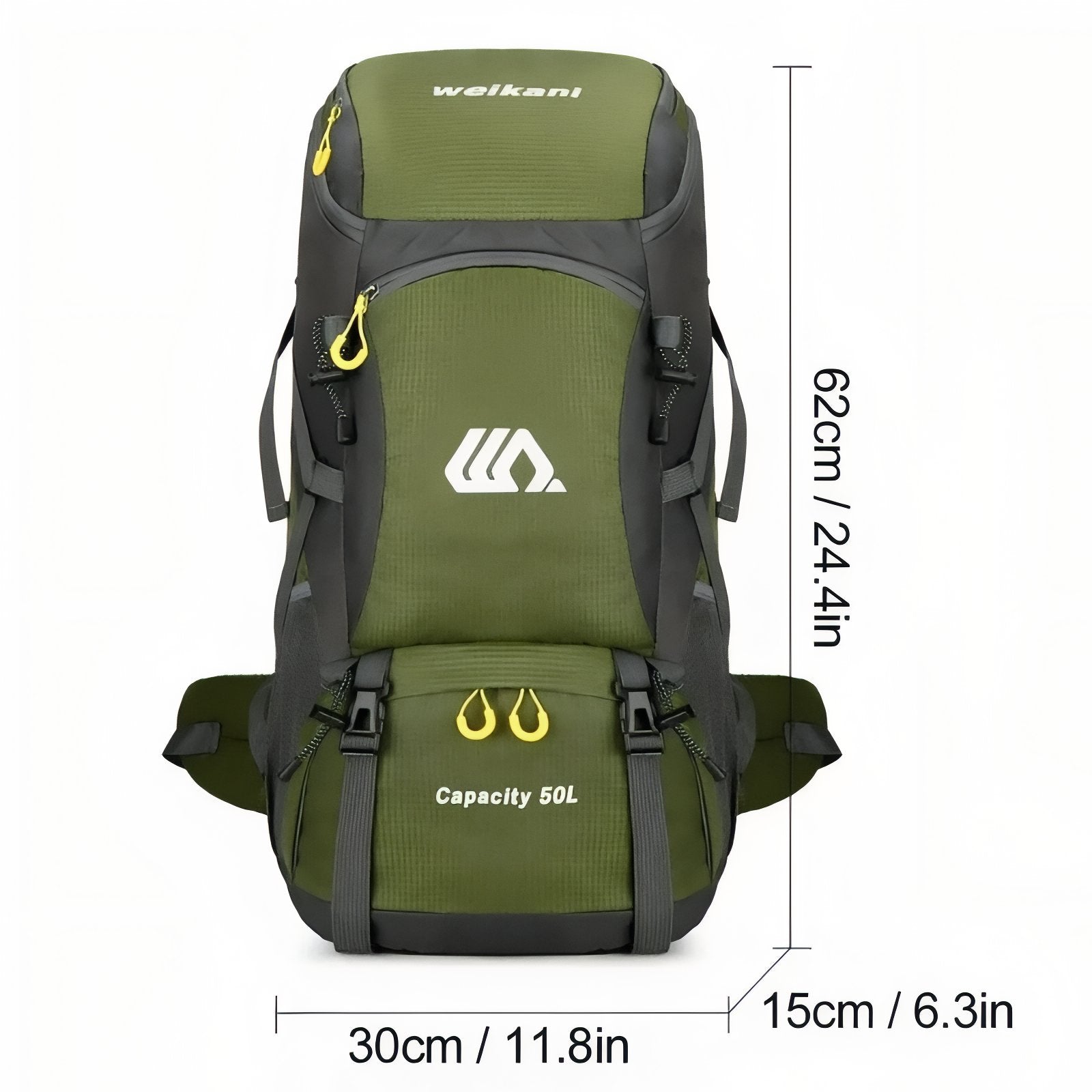 Sac a Dos Léger Randonnée 50 litres dimensions affichées - Vert